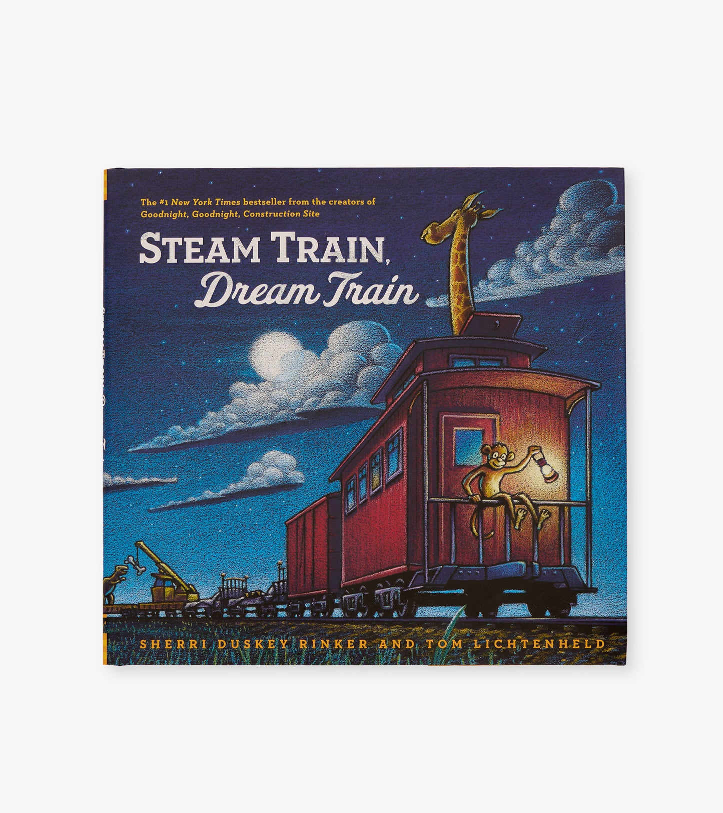 Colorful children's book cover featuring a train, giraffe, and monkey under a night sky with clouds.
