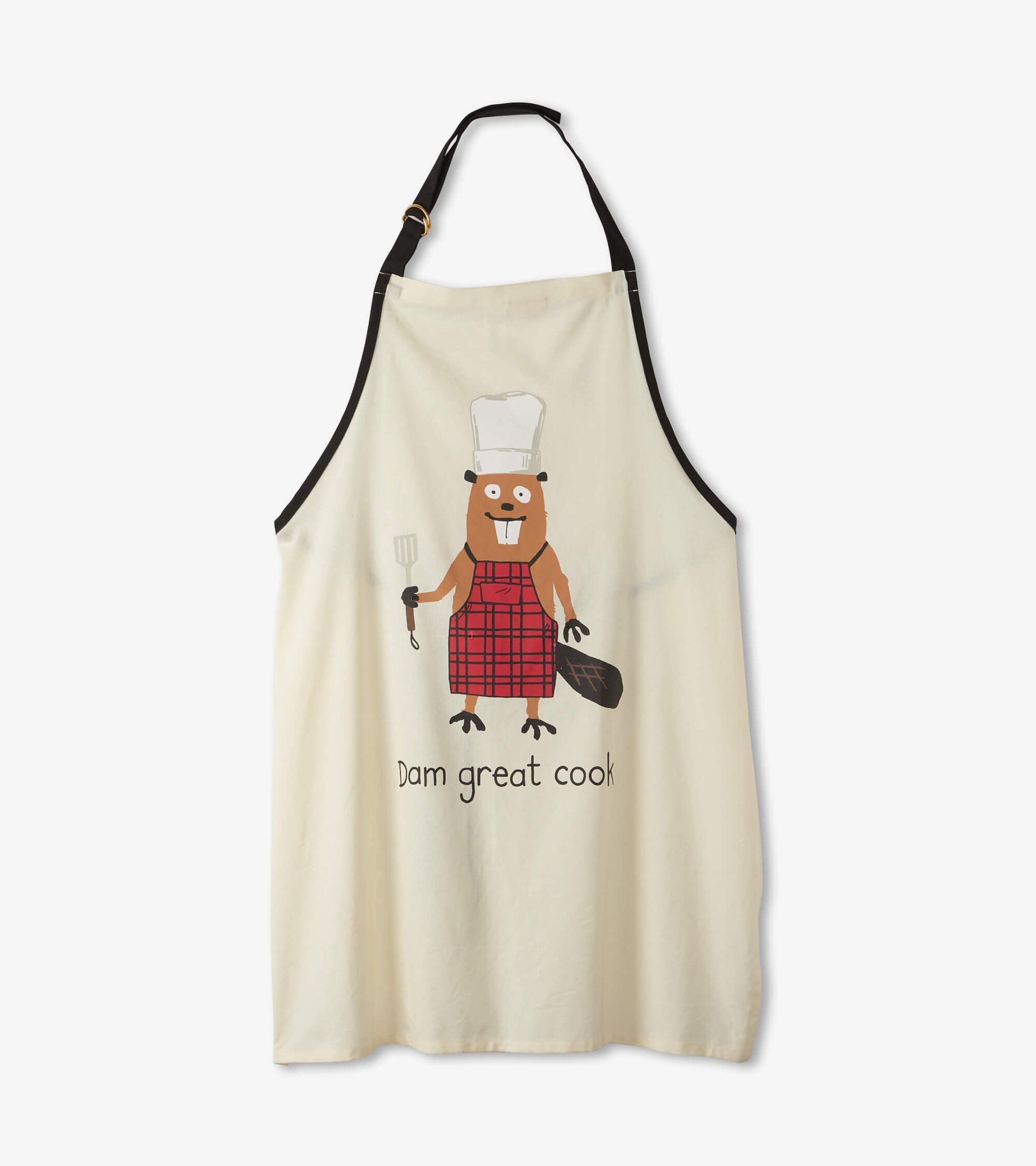 Beige apron featuring a cartoon beaver in a red plaid apron, holding a spatula, with the text "Dam great cook.