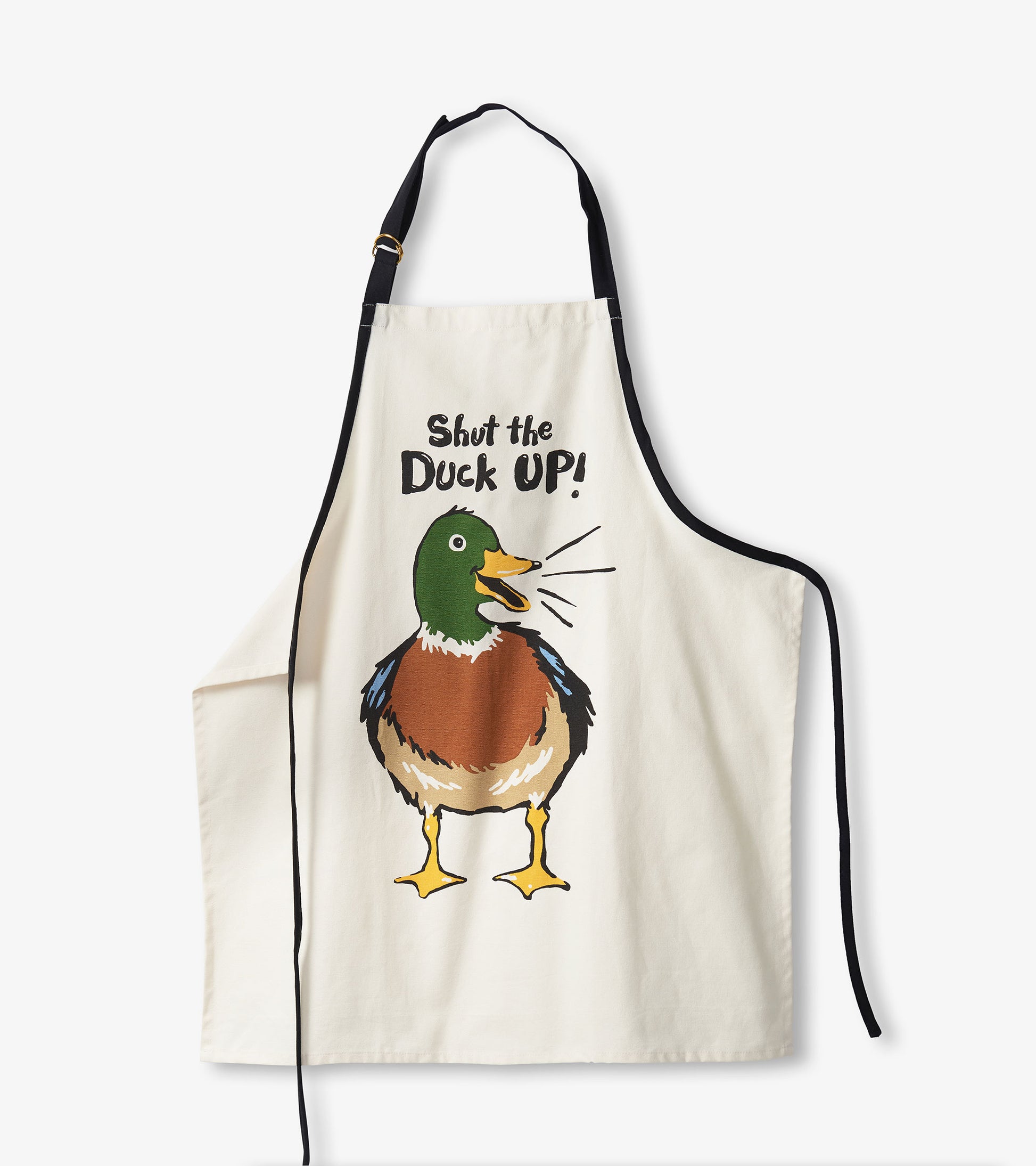 Cream apron featuring a colorful duck graphic and the phrase "Shut the Duck Up!" with black neck and waist ties.