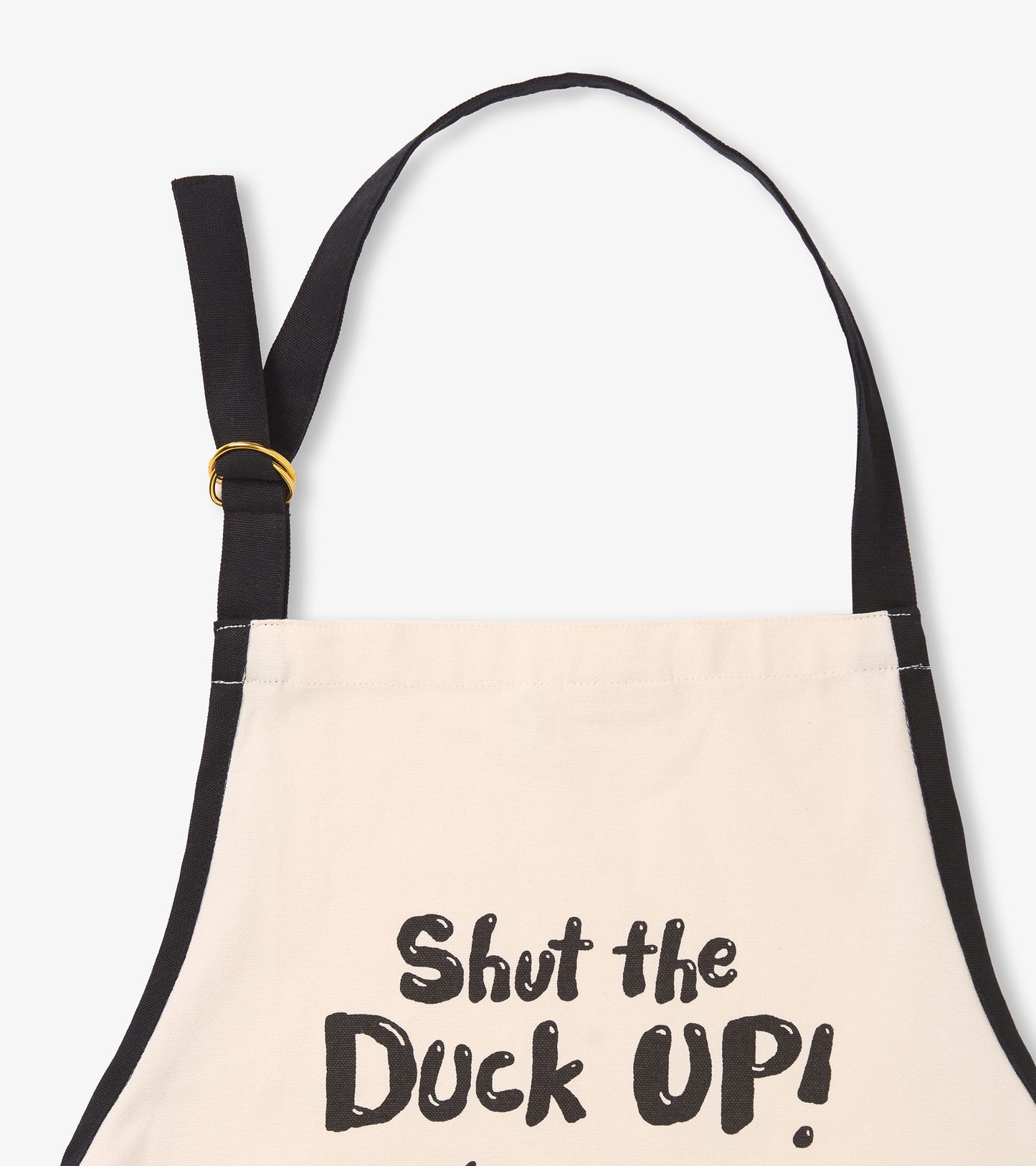 Beige apron with black straps featuring bold text design, suitable for cooking or crafting.