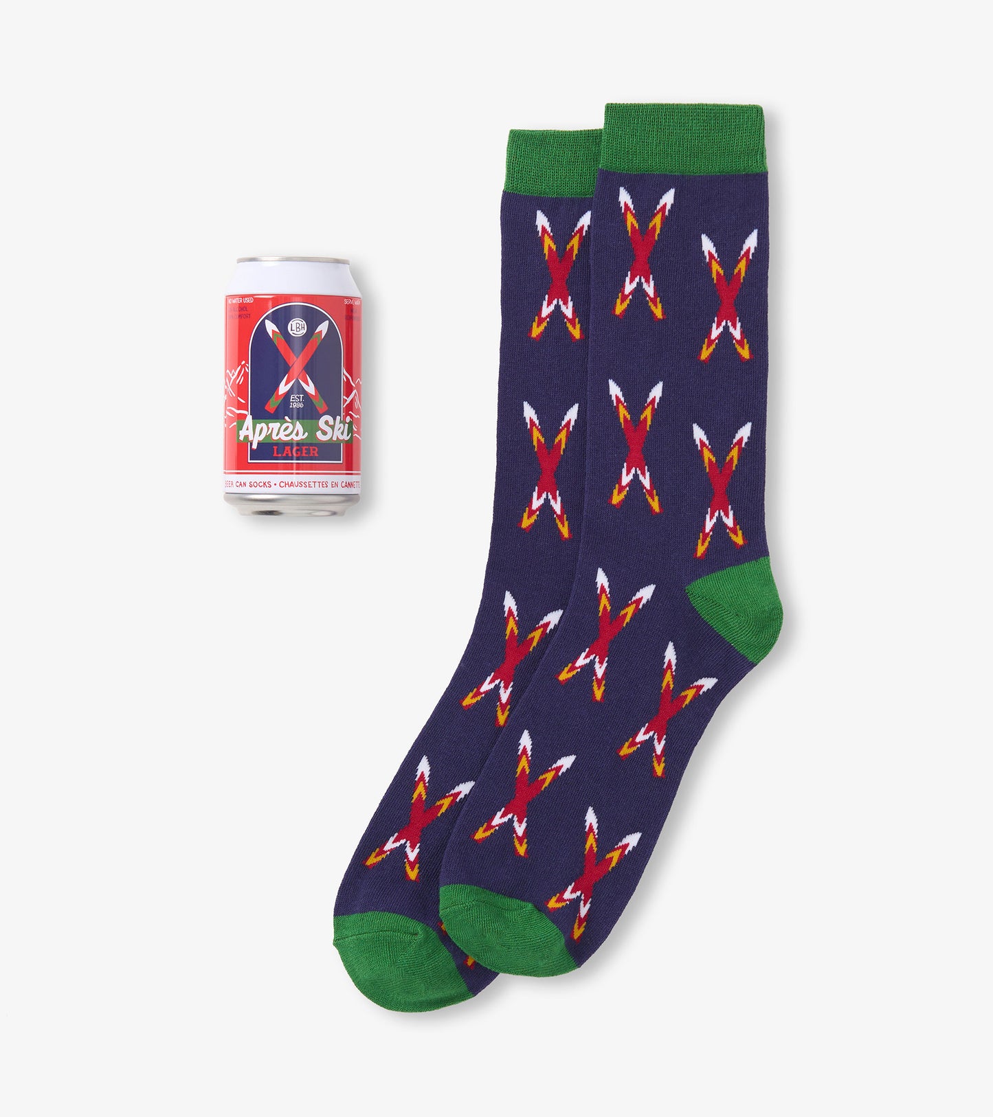 Navy socks with crossed skis pattern, green cuffs, paired with a beer can for scale.