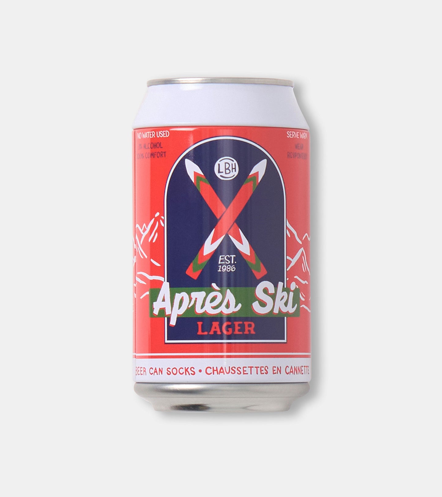 Red and blue socks featuring a beer can design, perfect for après-ski relaxation. One size fits all.