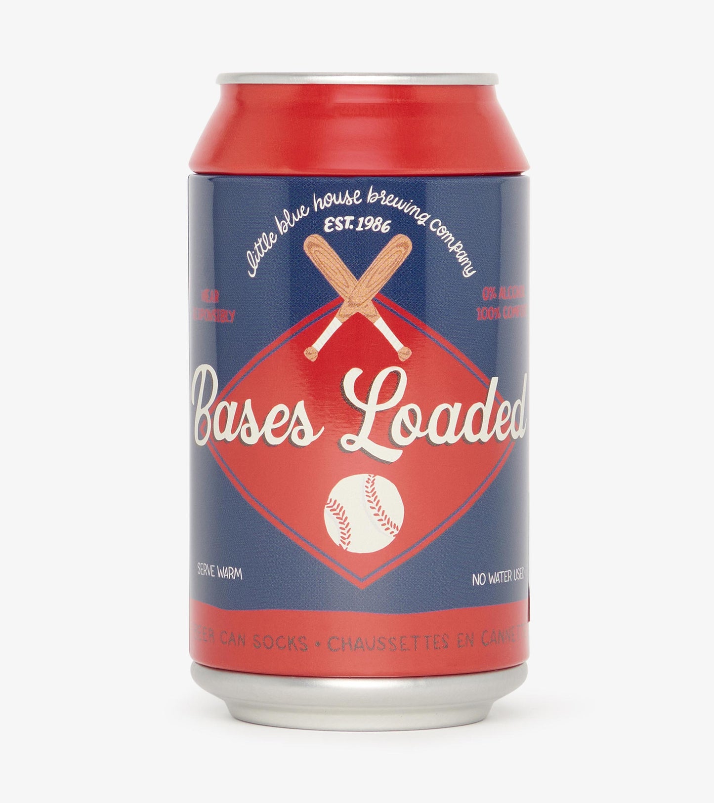 Red and blue beer can design featuring baseball graphics, labeled "Bases Loaded," resembling a playful sock style.