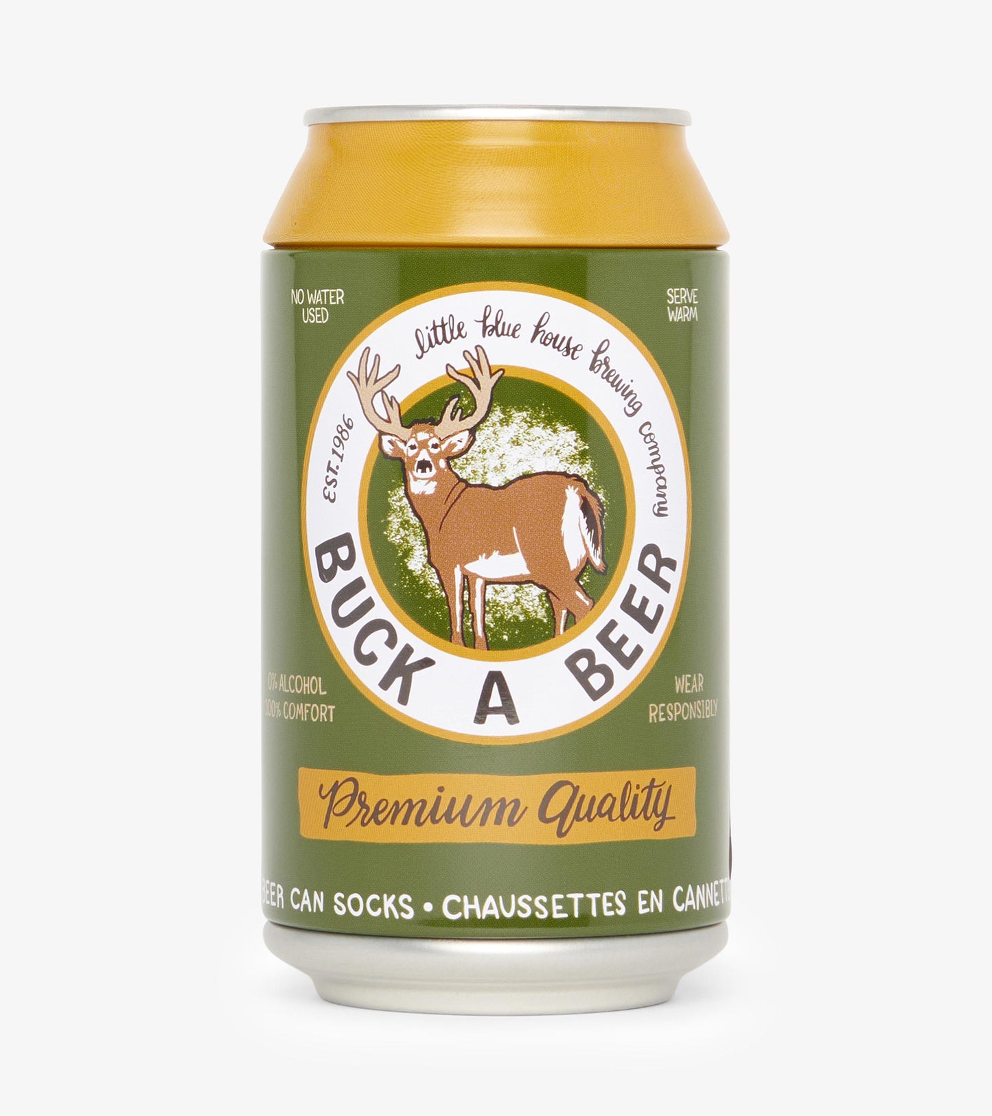 Green beer can with a deer graphic and "Buck A Beer" label, featuring a gold top and white accents.