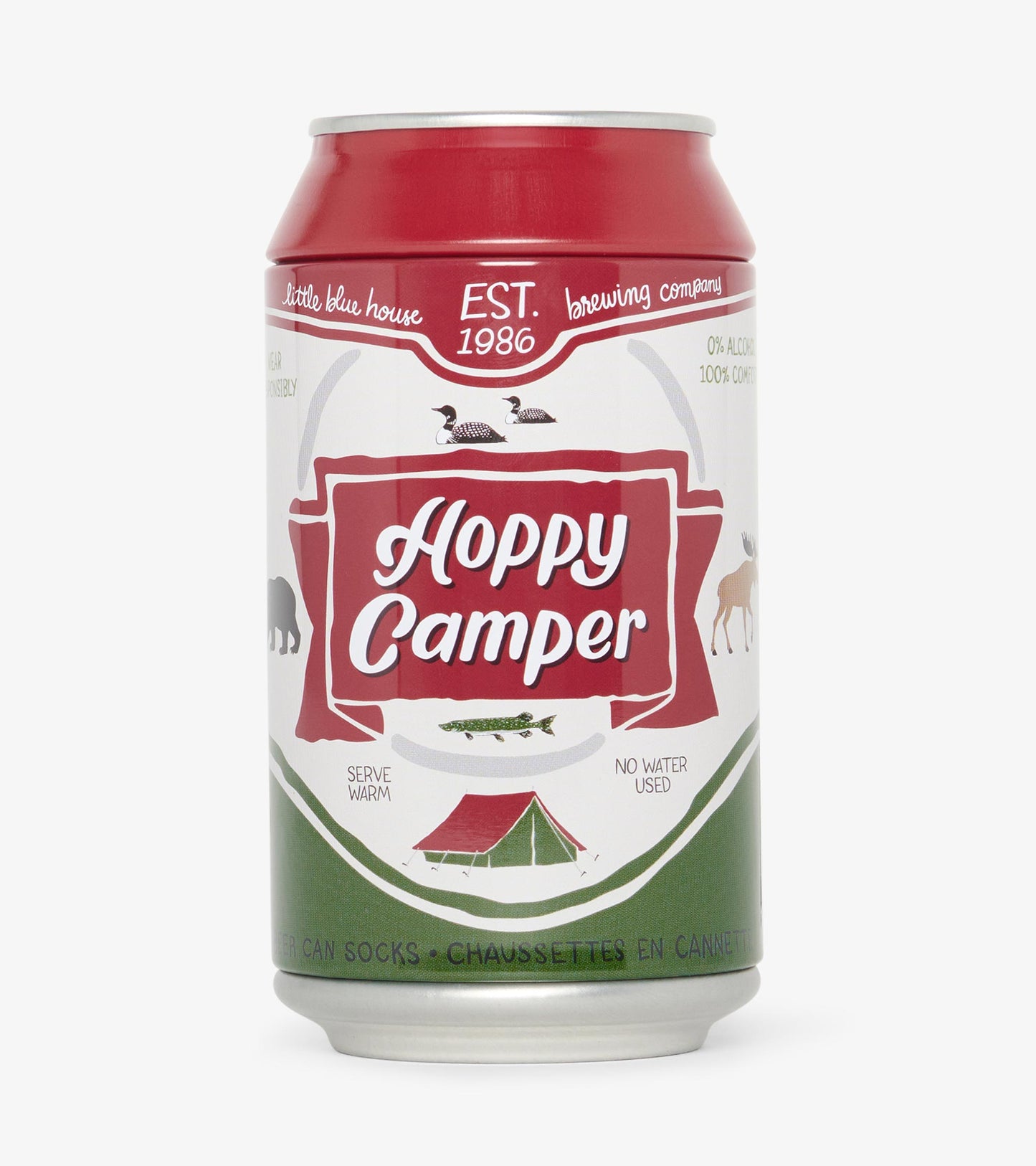 Red and white beer can design featuring camping motifs and the text "Hoppy Camper.