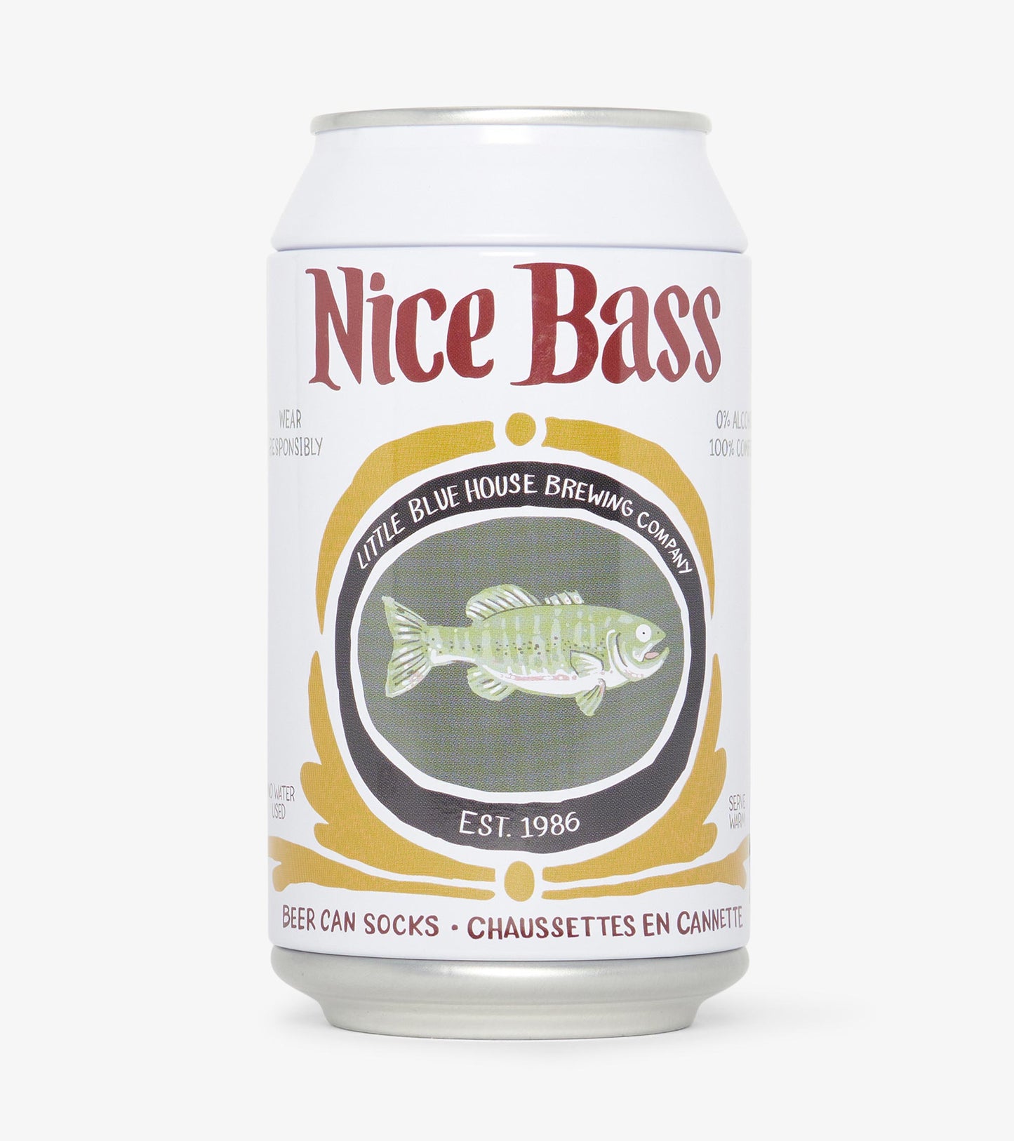 Men's socks designed to look like a beer can, featuring a fish graphic and colorful label design. One size fits all.