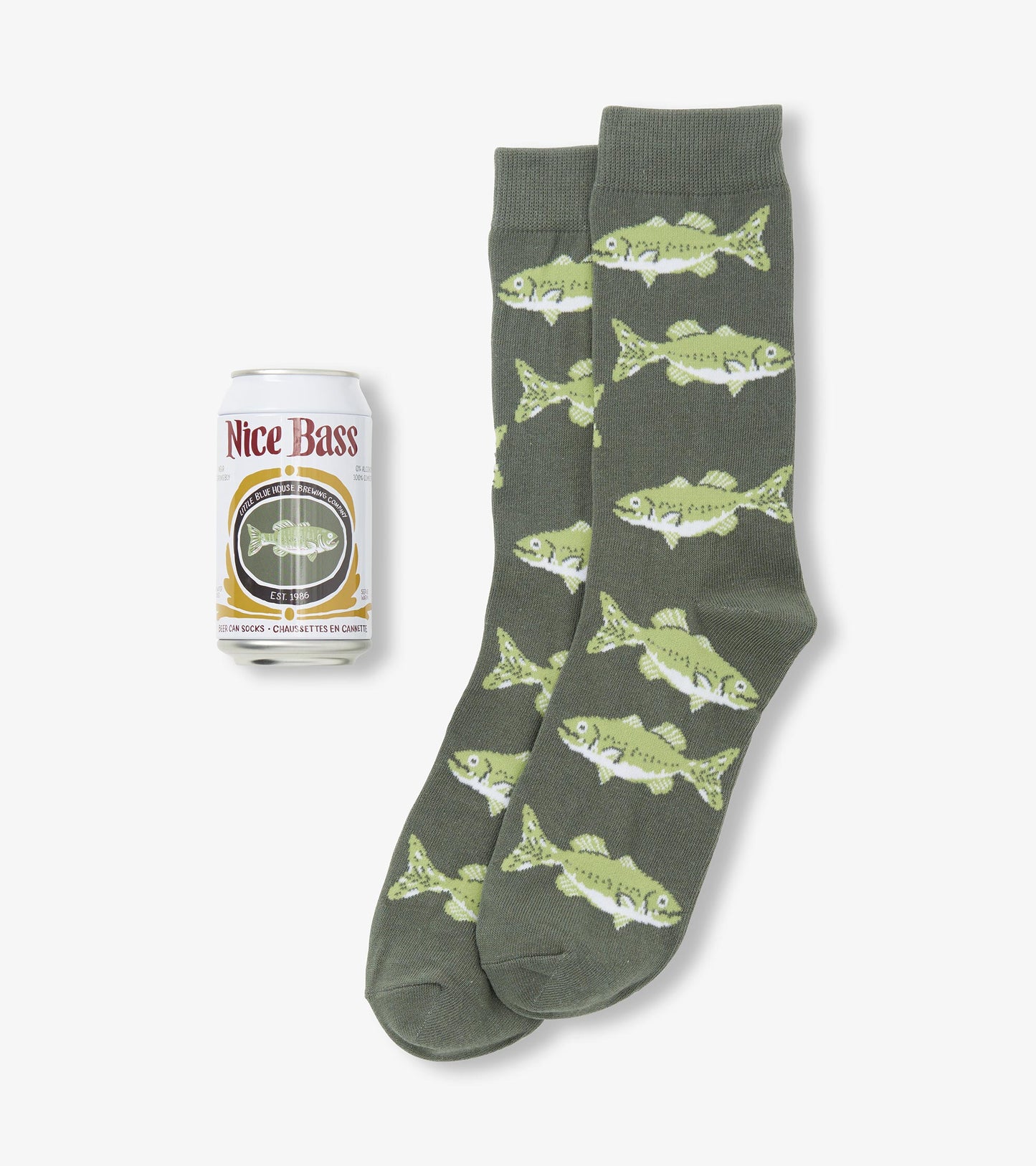 Green socks featuring a fish pattern, paired with a beer can for scale. One size fits most.