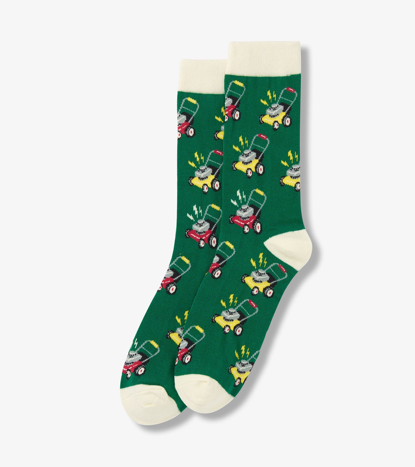 Green socks featuring colorful lawn mower patterns with lightening bolts and cream-colored cuffs. One size fits all.