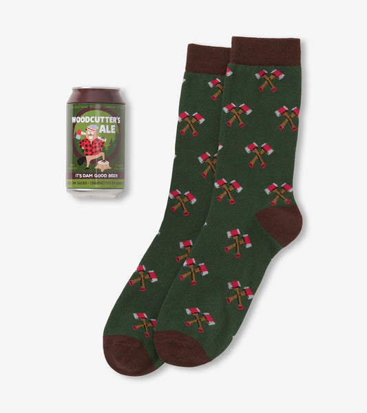Green socks with a woodcutter axe pattern and brown accents, paired with a beer can.