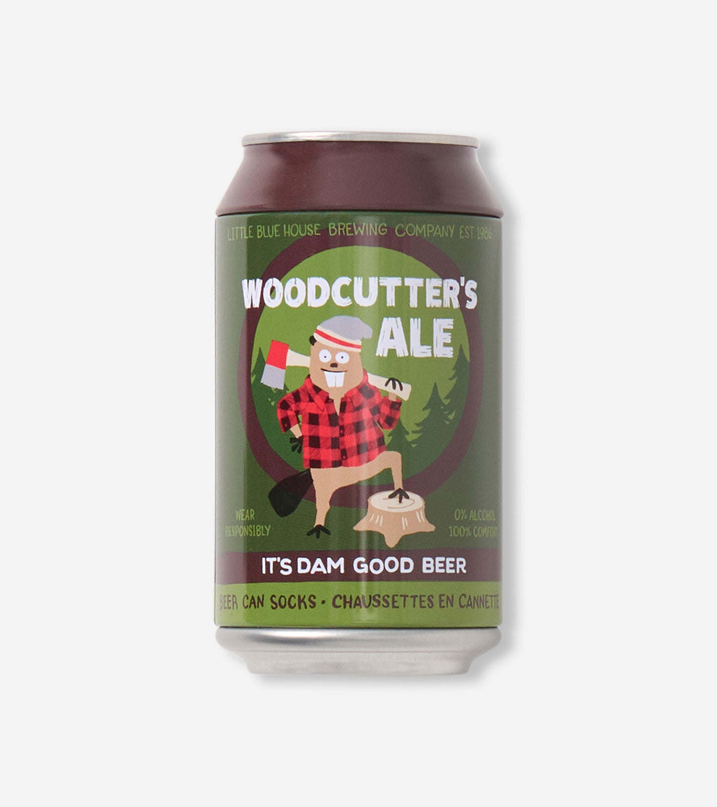 Socks featuring a colorful beer can design with a cartoon beaver in a plaid shirt and forest background. One size.