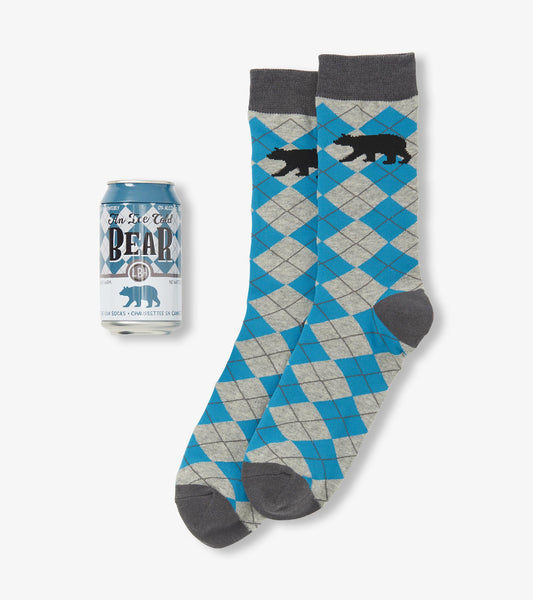 Men's socks featuring a blue and gray argyle pattern with black bear silhouettes, paired with a beer can for scale.