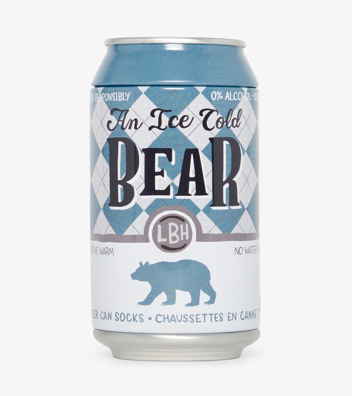 Blue and white beer can design featuring a bear silhouette and argyle pattern, labeled "An Ice Cold BEAR.