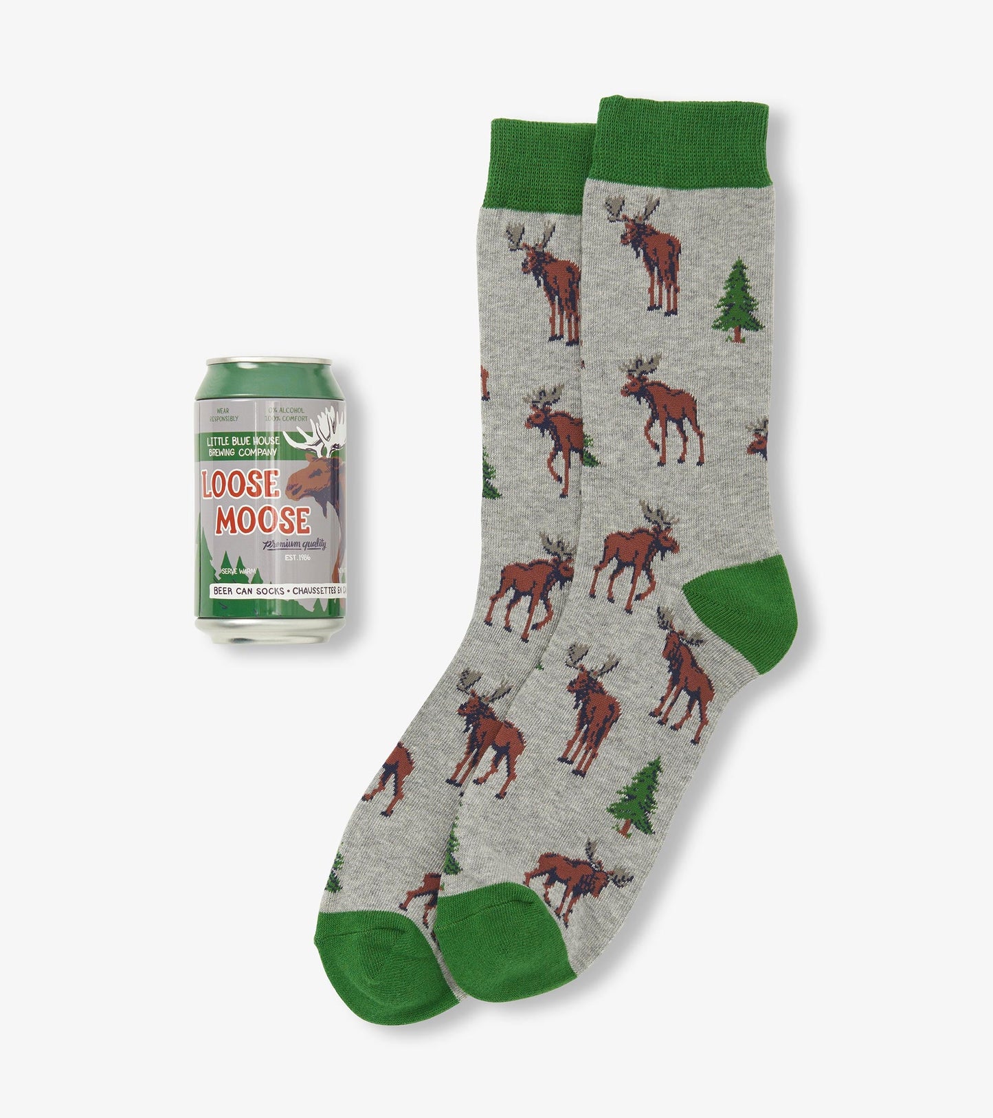 Gray socks featuring moose and trees pattern, with green cuffs and toe. Accompanied by a beer can for scale.