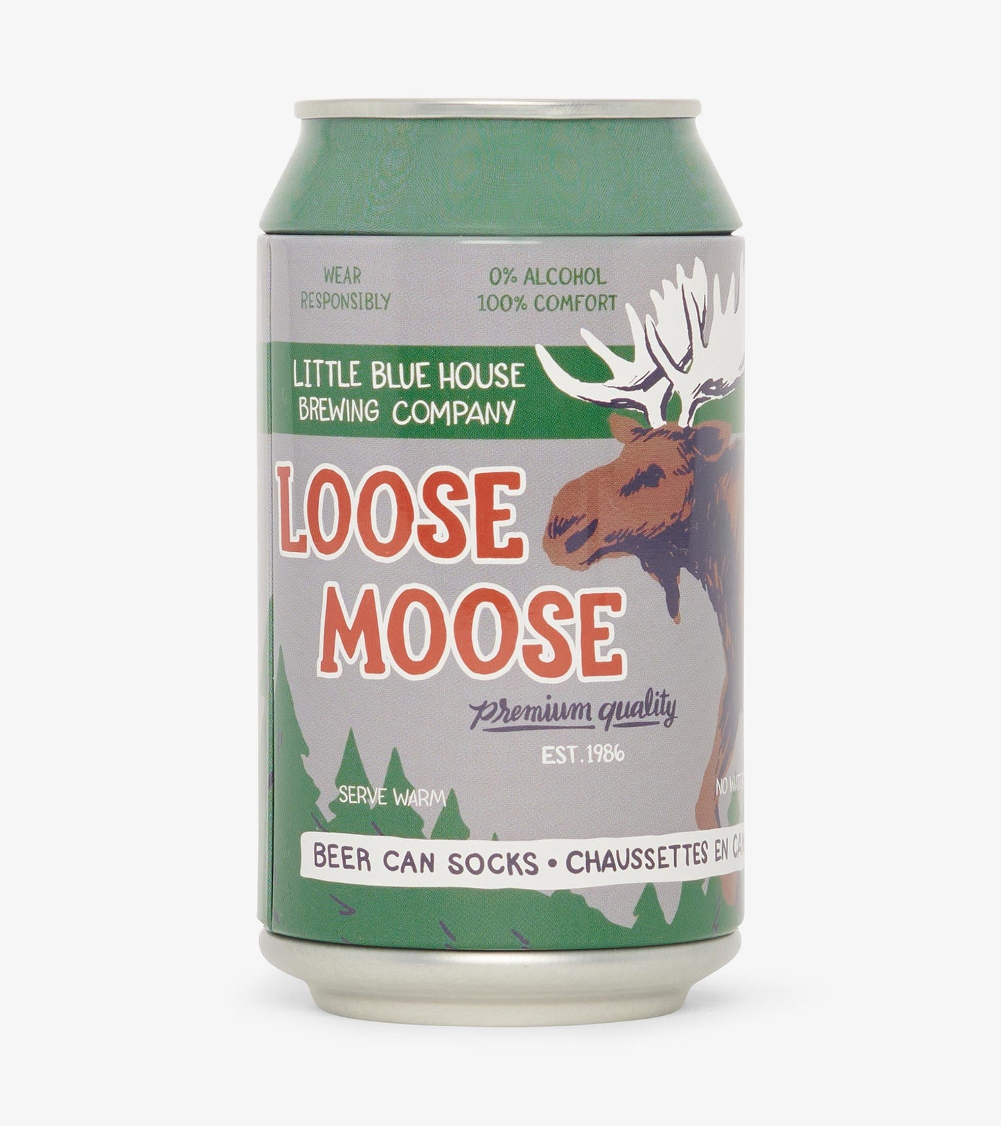 Green beer can design featuring a moose graphic and text, labeled "Loose Moose," representing novelty socks.