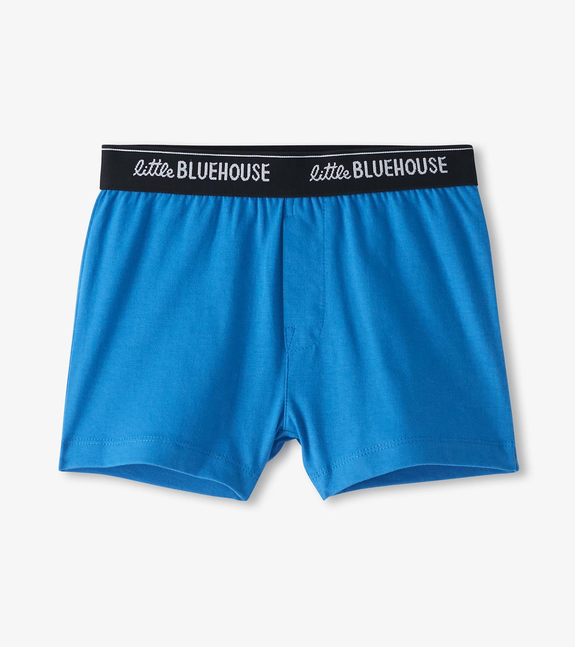 Blue boxer briefs with a black waistband, featuring a soft, stretchy material for comfort.