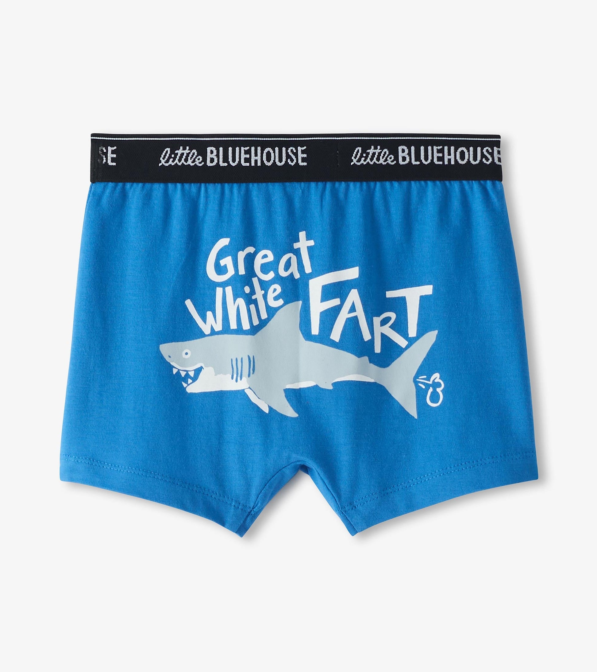 Blue boxer briefs featuring a shark graphic and the text "Great White FART" on the side.