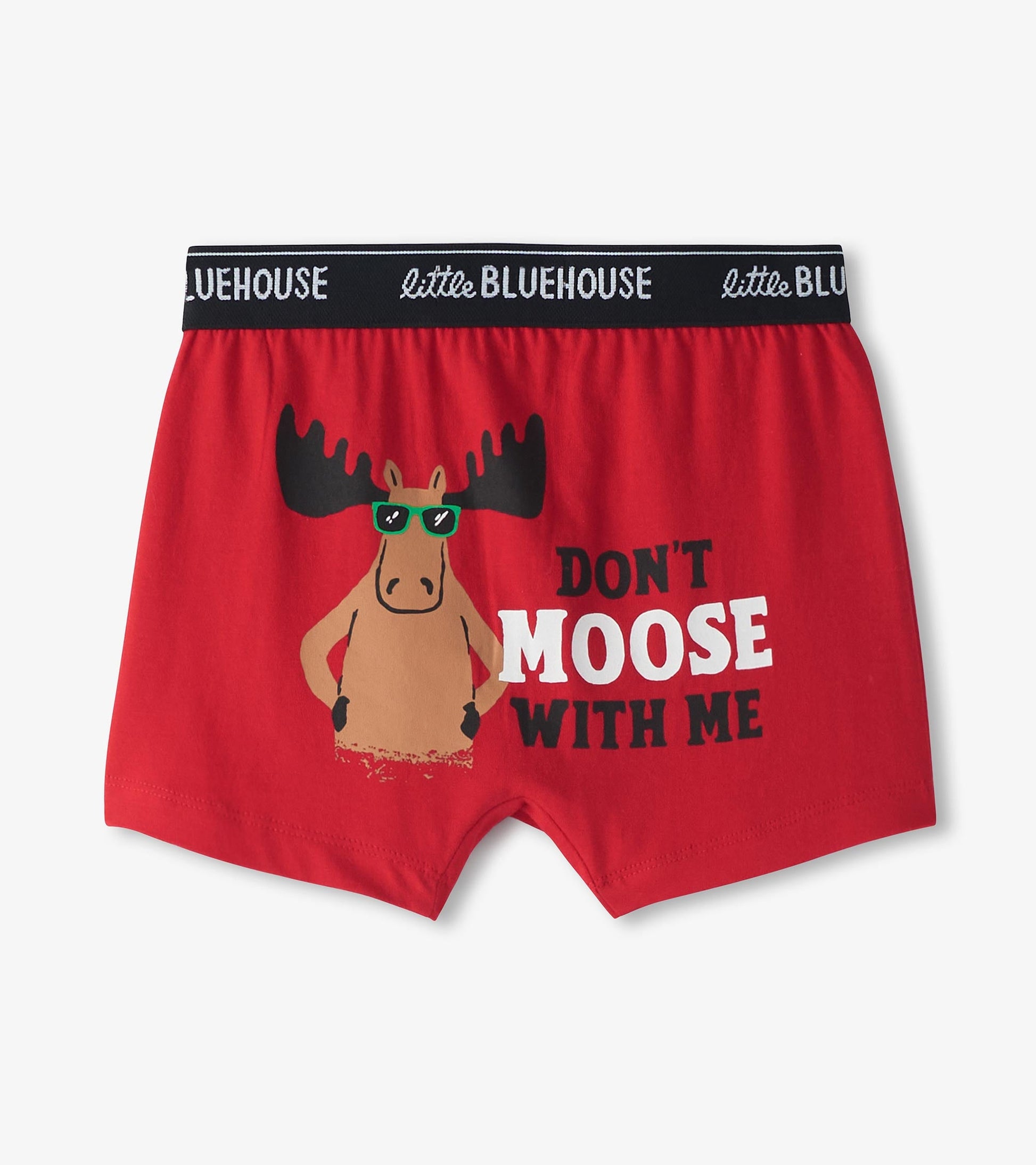 Red boxer briefs featuring a moose graphic wearing sunglasses and the text "DON'T MOOSE WITH ME.