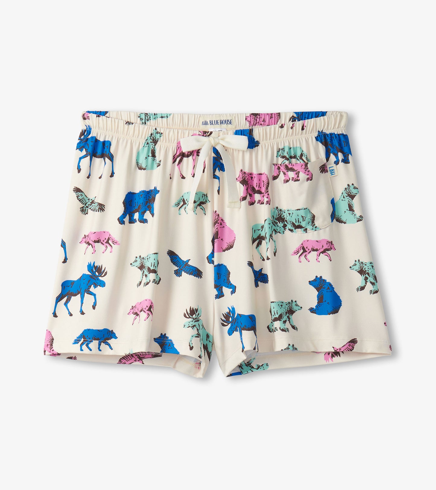 Cream pajama shorts featuring colorful woodland animal prints in blue, pink, and green, with an elastic waistband and drawst…