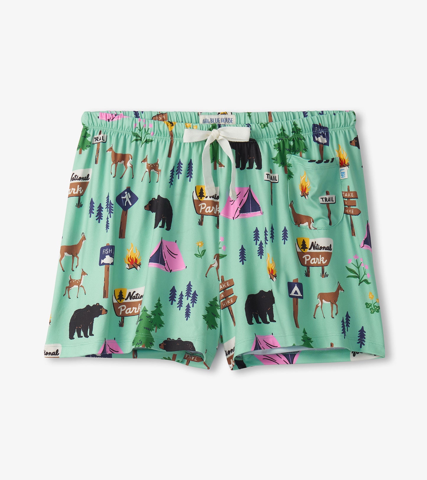 Light green pajama shorts featuring a nature-themed print with bears, tents, and trees; elastic waistband with drawstring.