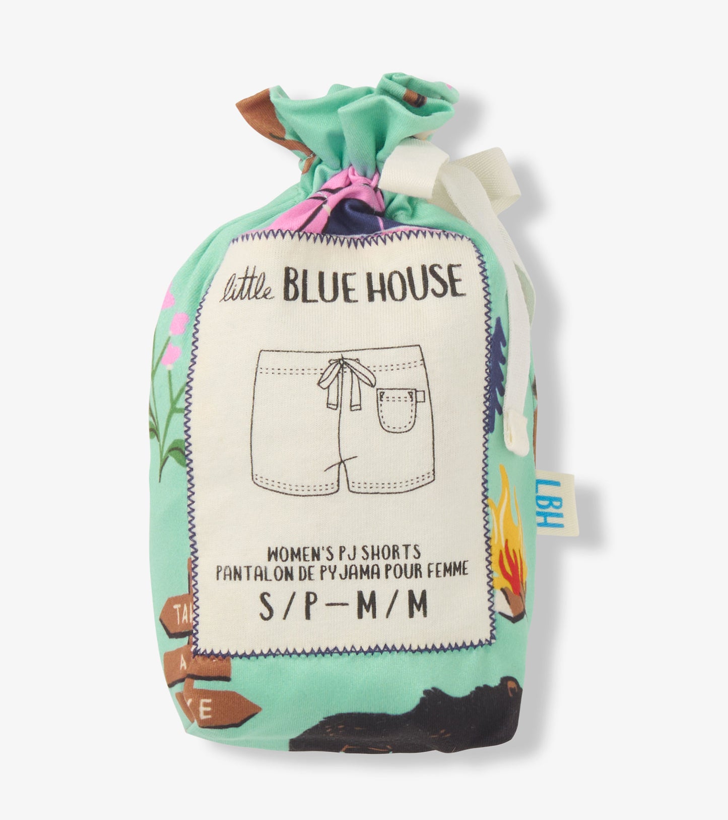Light blue drawstring pouch featuring a printed design of women's pajama shorts with floral and camping motifs.
