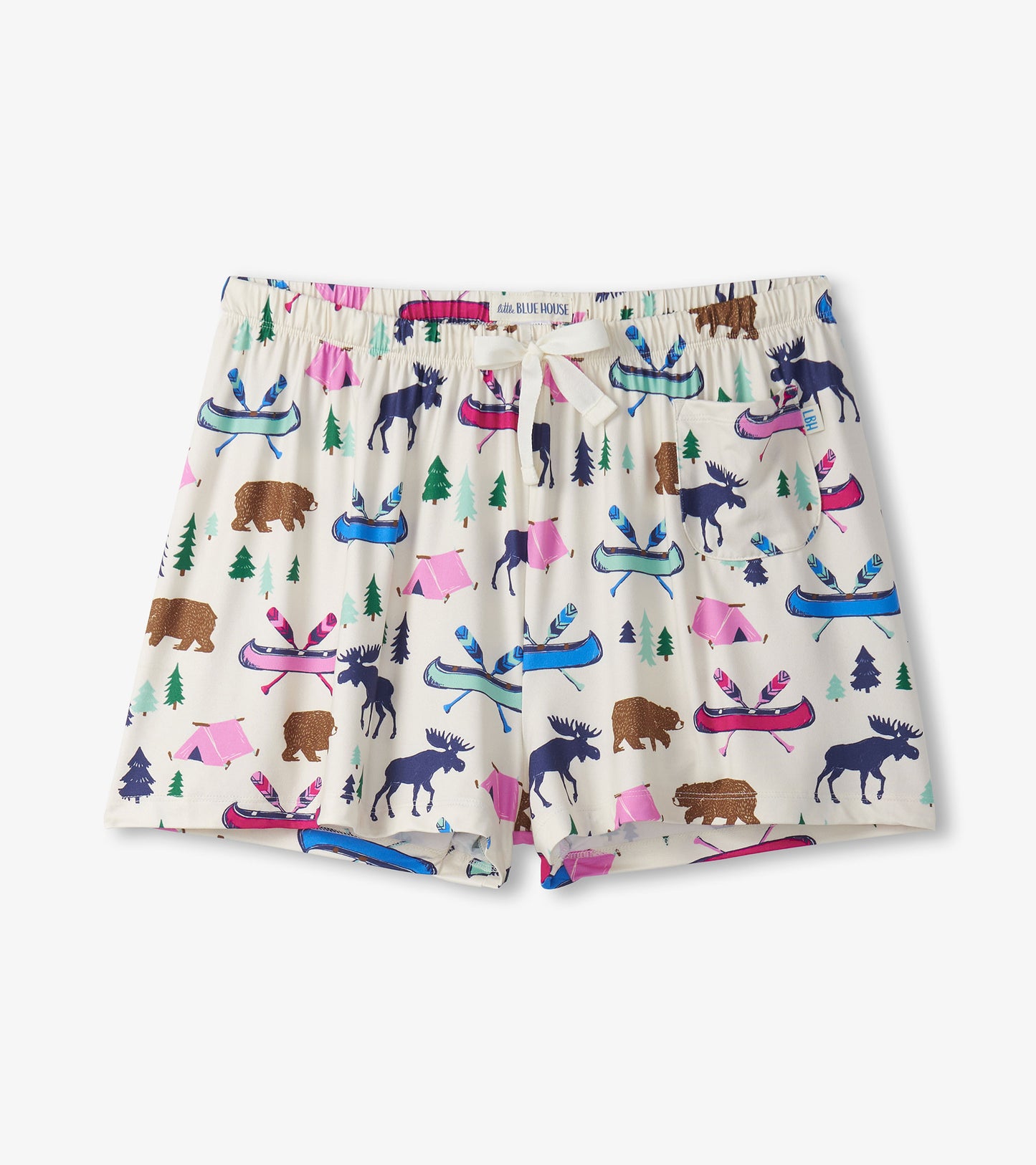 Cream pajama shorts featuring a colorful camping and wildlife print, with an elastic waistband and a side pocket.