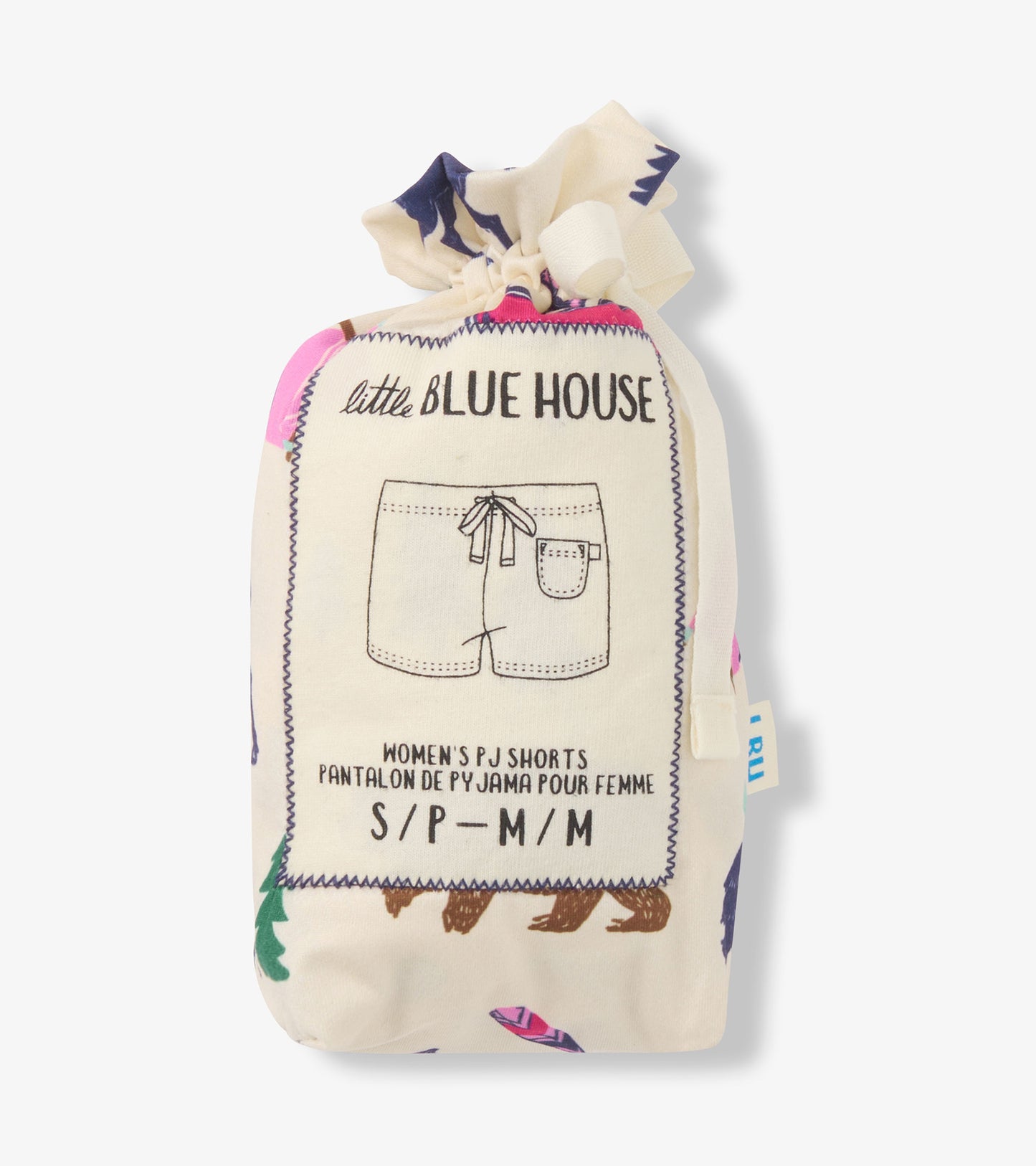 Pajama shorts in a drawstring bag, featuring a playful print and soft polyknit material, suitable for casual wear.