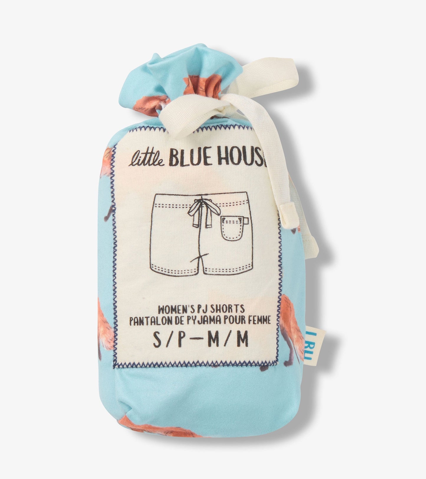 Light blue pajama shorts with a watercolor fox pattern, packaged in a drawstring bag. Size options included.