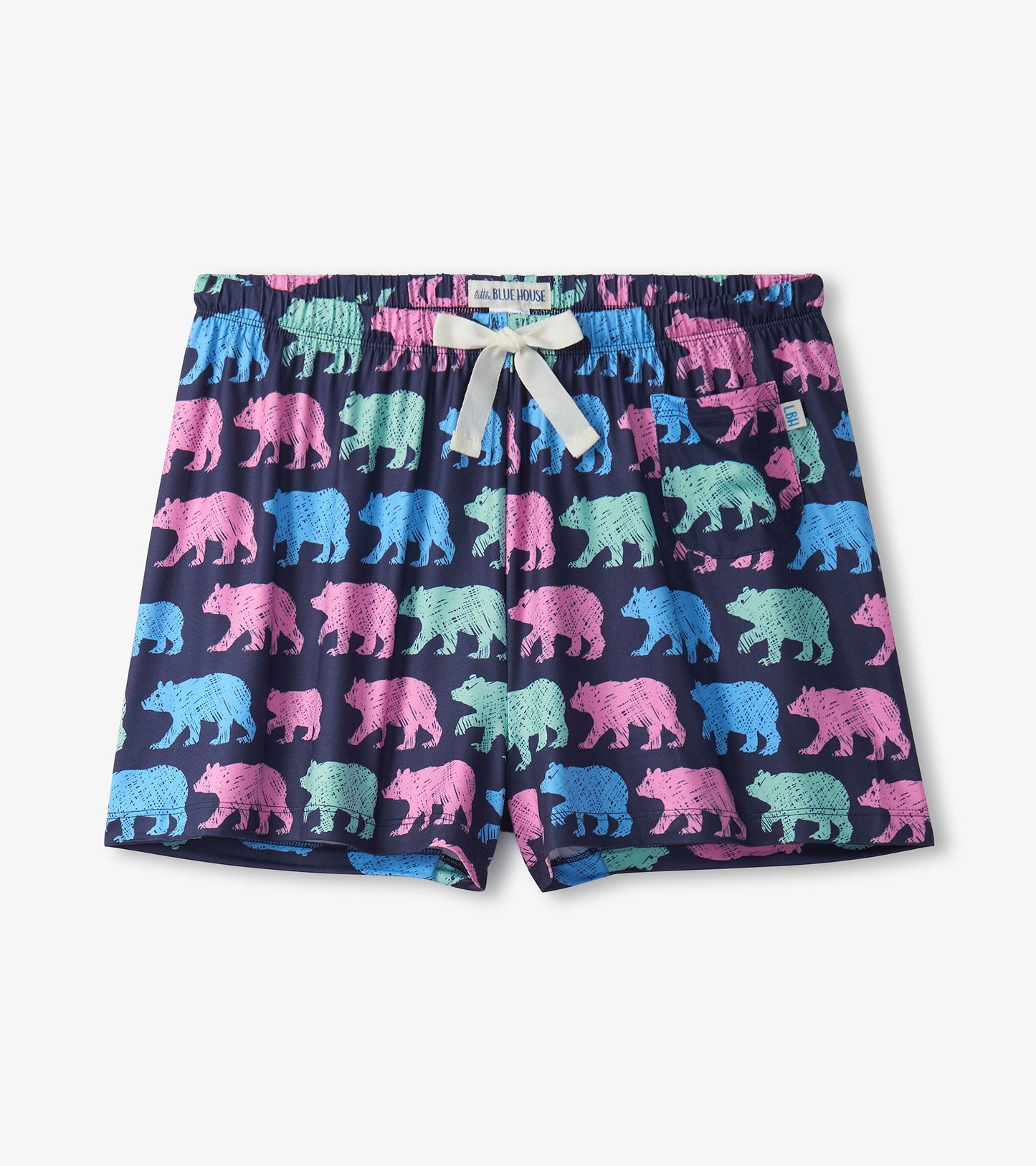Navy pajama shorts featuring a colorful bear pattern in pink, blue, and green; elastic waistband with a drawstring.