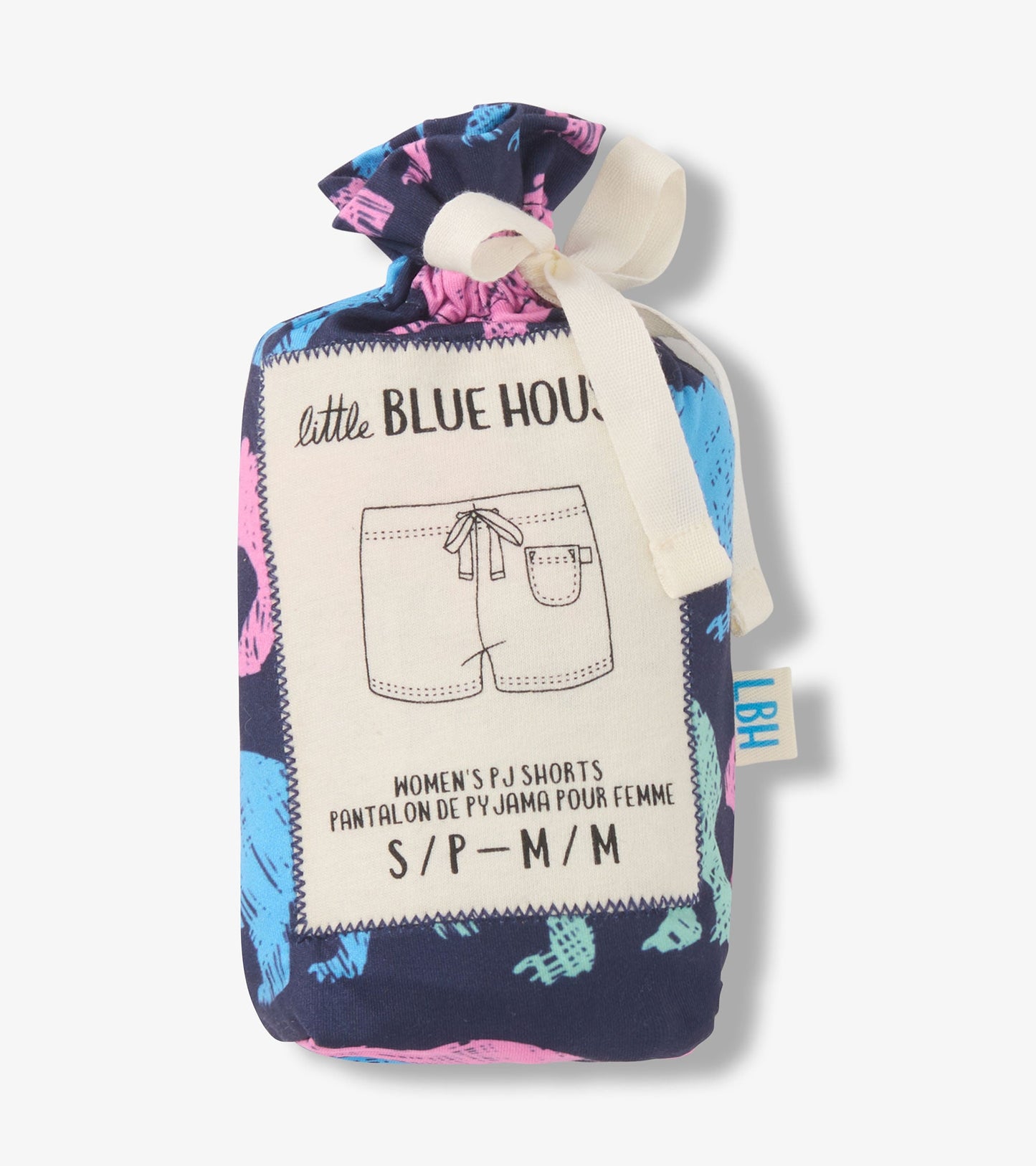Navy pajama shorts with colorful bear print, featuring a drawstring waist and side pocket, packaged in a tied bag.