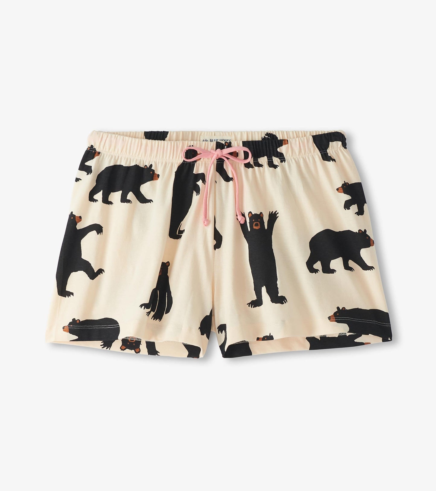 Black cotton sleep shorts featuring a playful bear pattern and a pink drawstring. Ideal for comfortable lounging.