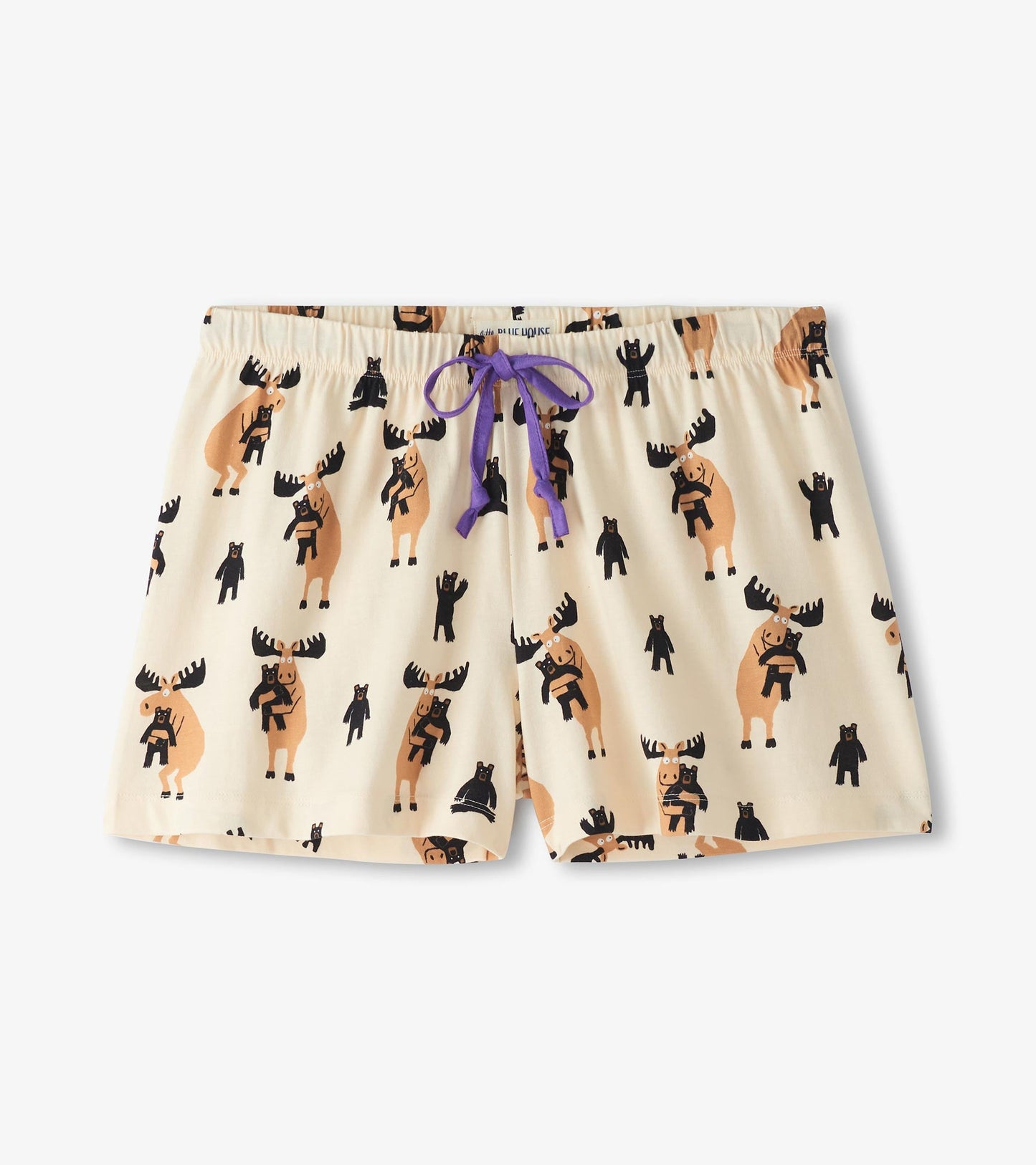 Cream cotton pajama shorts featuring a playful moose and bear pattern, with a purple drawstring at the waist.