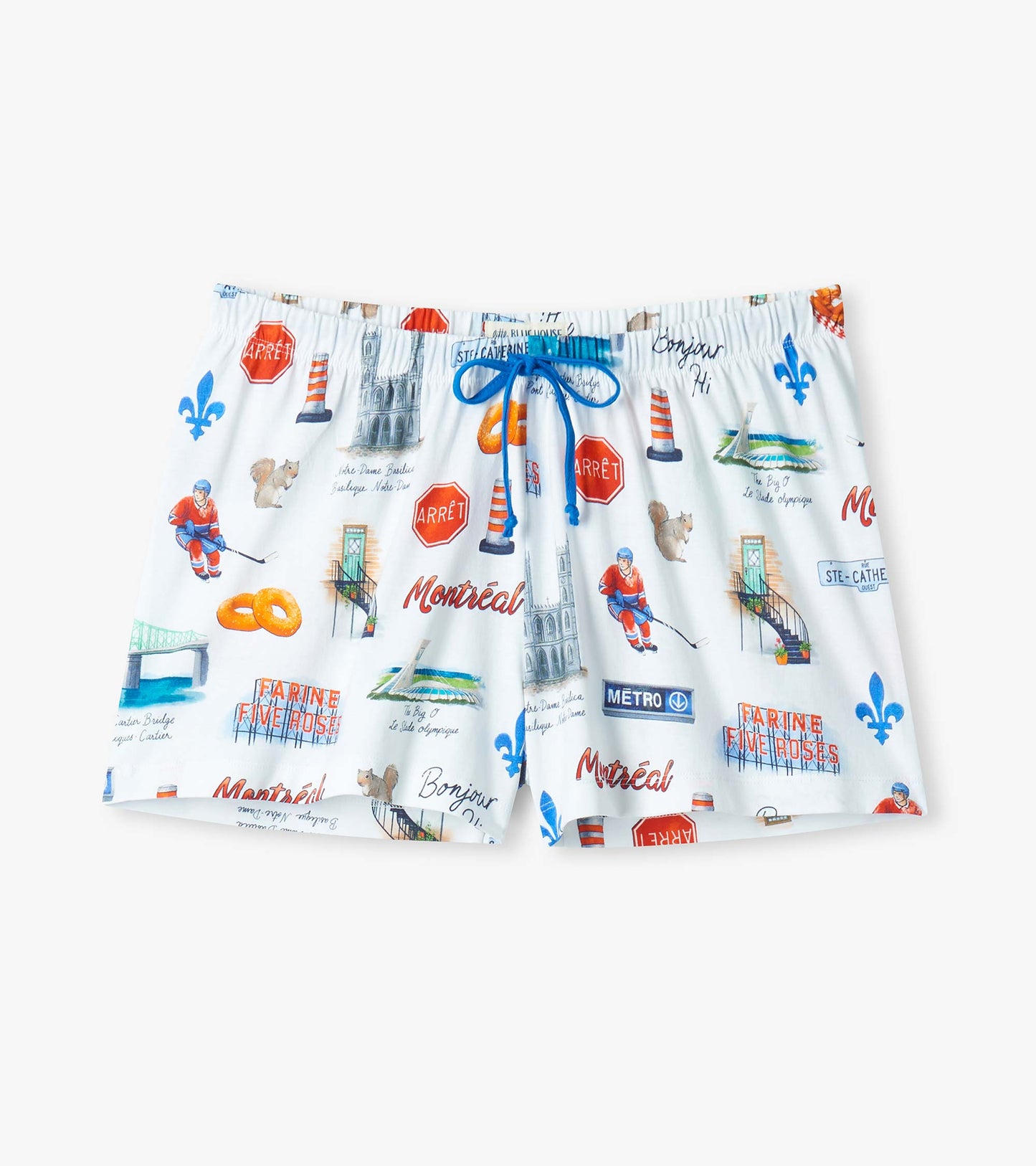 Front view of white Montreal boxers with blue drawstring and allover city print with hockey players and signs