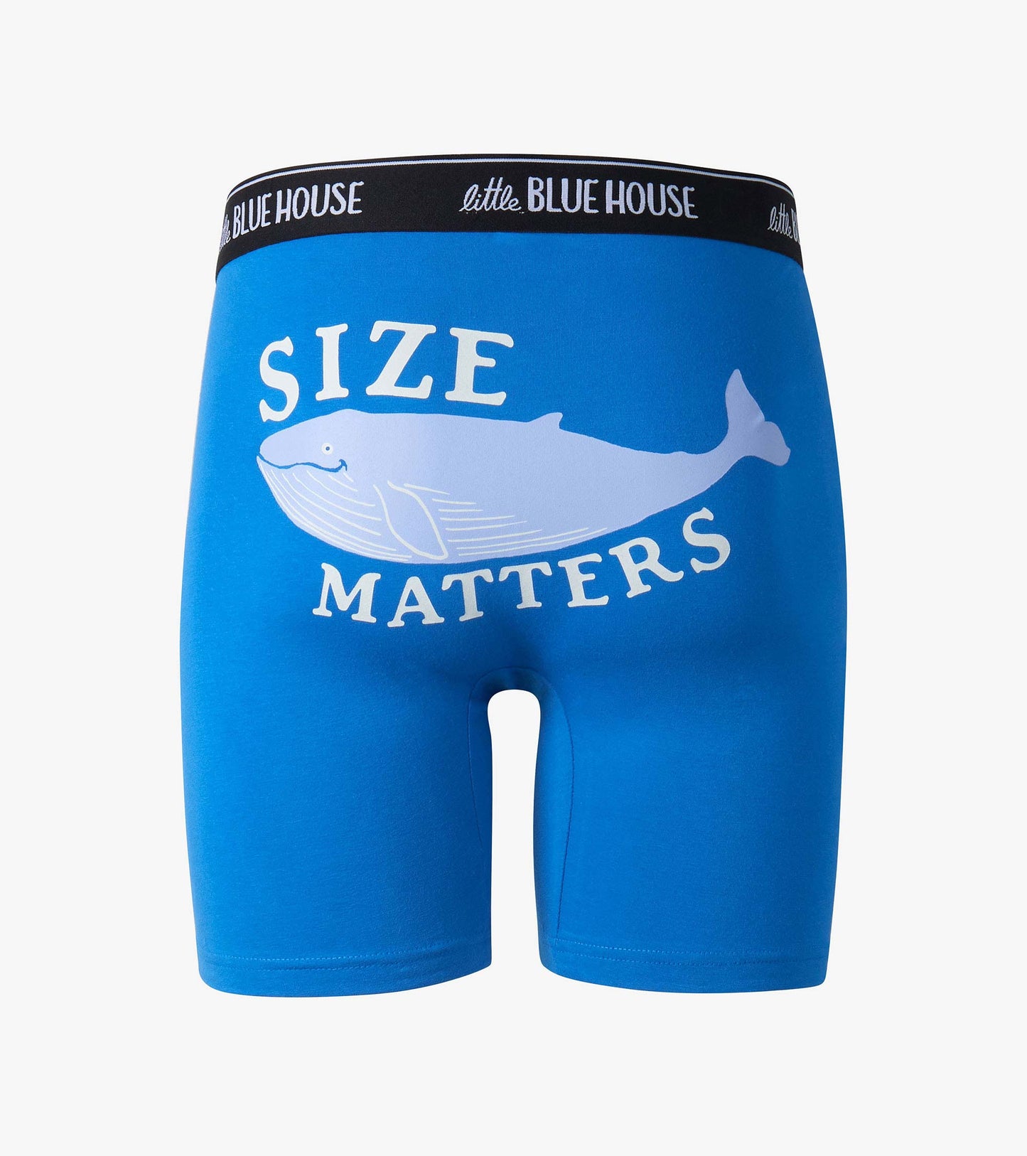 Blue men's boxer briefs with whale graphic and "Size Matters" text, front view