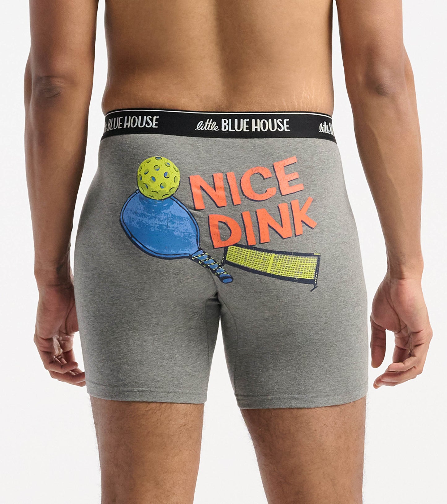 Gray boxer briefs featuring a colorful "Nice Dink" graphic with a paddle and ball on the back.