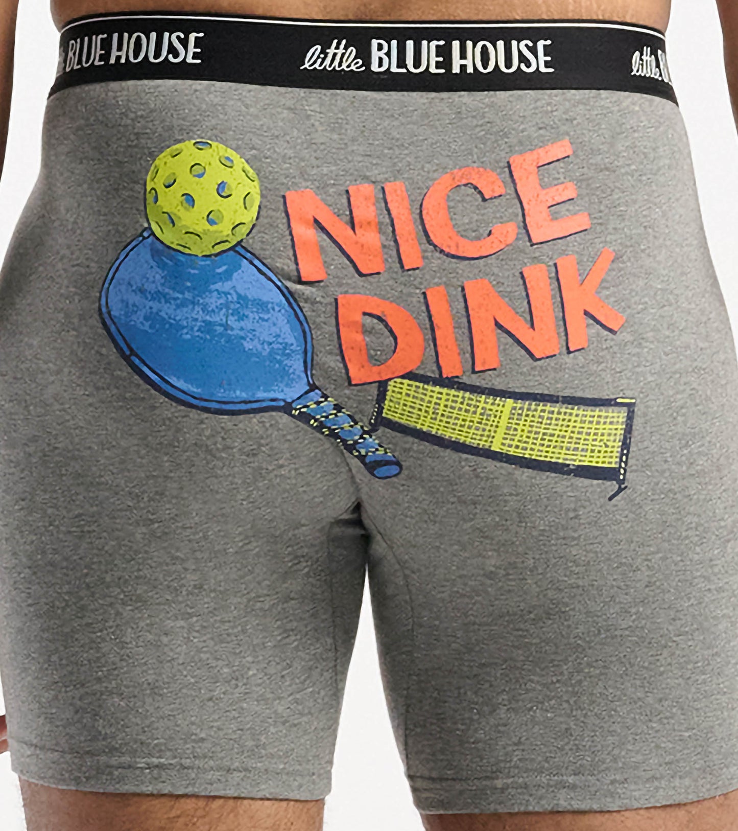 Gray boxer briefs featuring a colorful "NICE DINK" graphic with a paddle and ball design on the back.