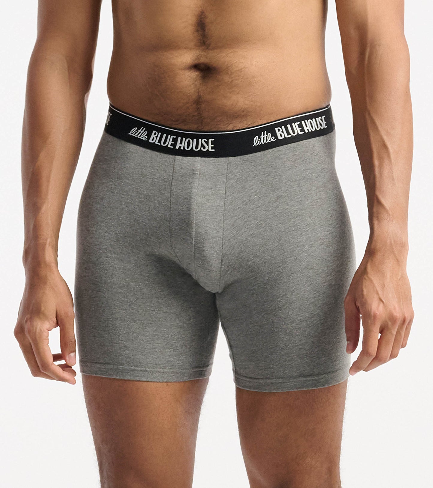 Gray boxer briefs with a black waistband, featuring a snug fit and soft fabric, displayed on a model.