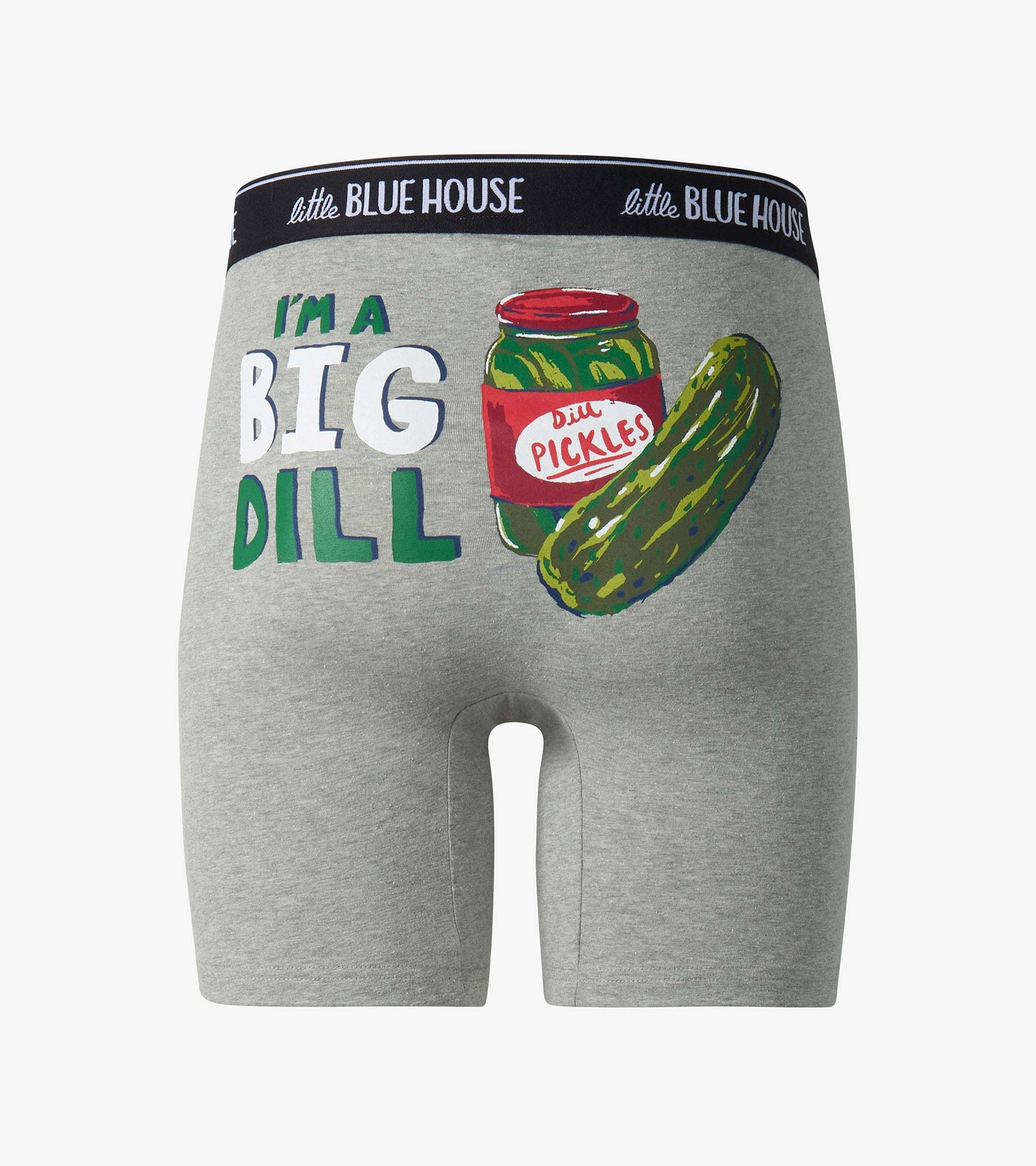 Gray men’s boxer briefs with black waistband and pickle jar graphic, front view