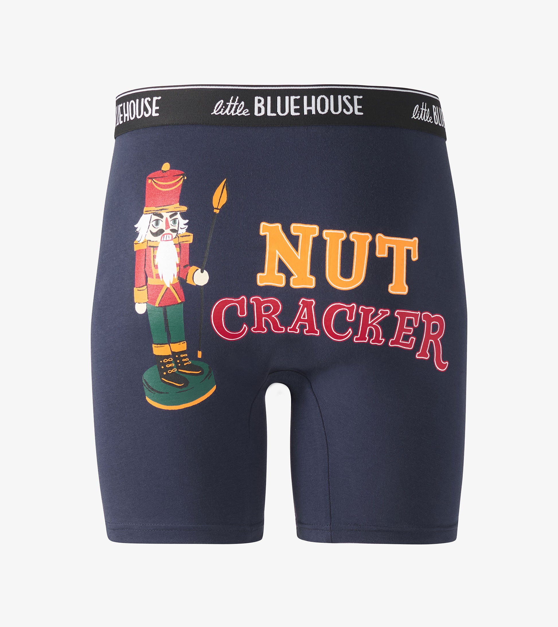 Navy boxer briefs featuring a nutcracker graphic and "NUT CRACKER" text in bold colors on the back.
