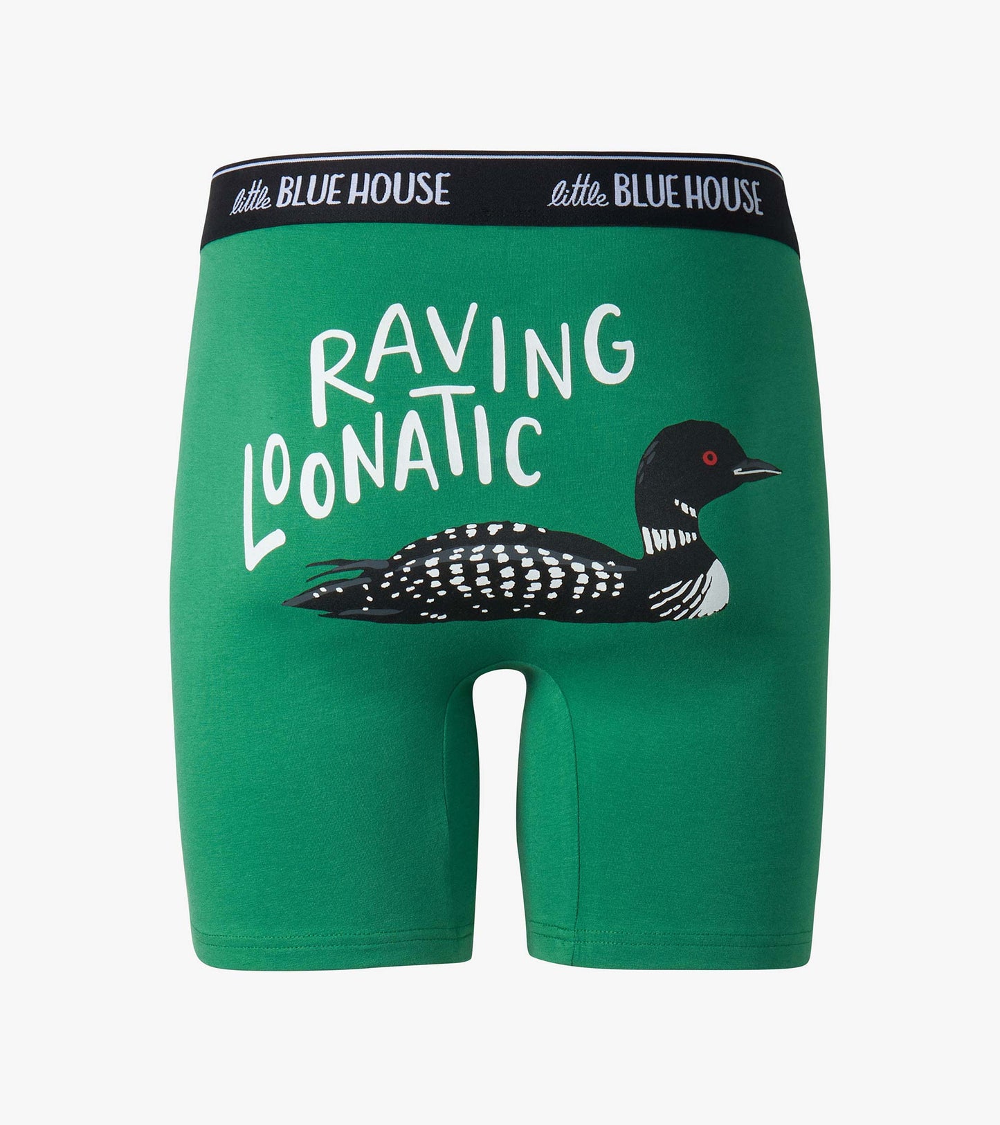 Green boxer briefs with black waistband and loon graphic, front view