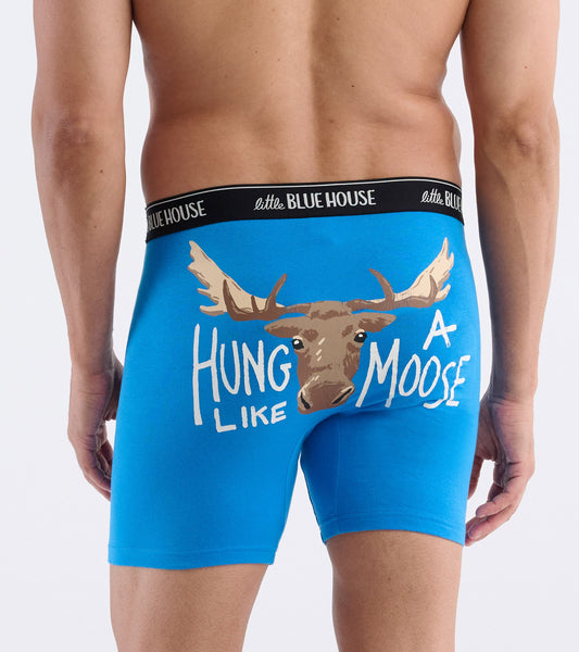 Blue boxer briefs featuring a moose graphic and text on the back, with a comfortable waistband.
