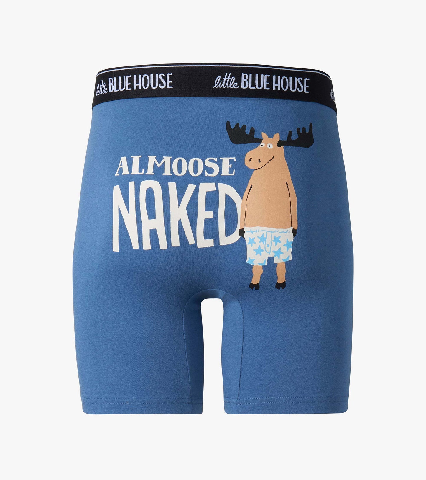Blue boxer briefs with black logo waistband and moose graphic, front view
