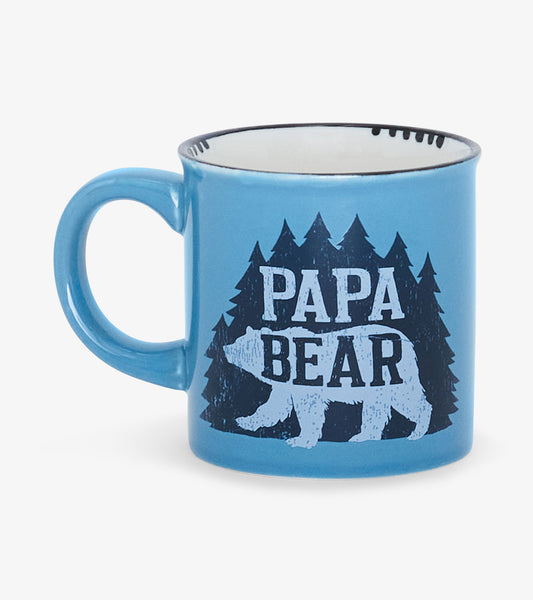 Blue ceramic camping mug featuring "PAPA BEAR" text and a bear graphic with pine trees in the background.