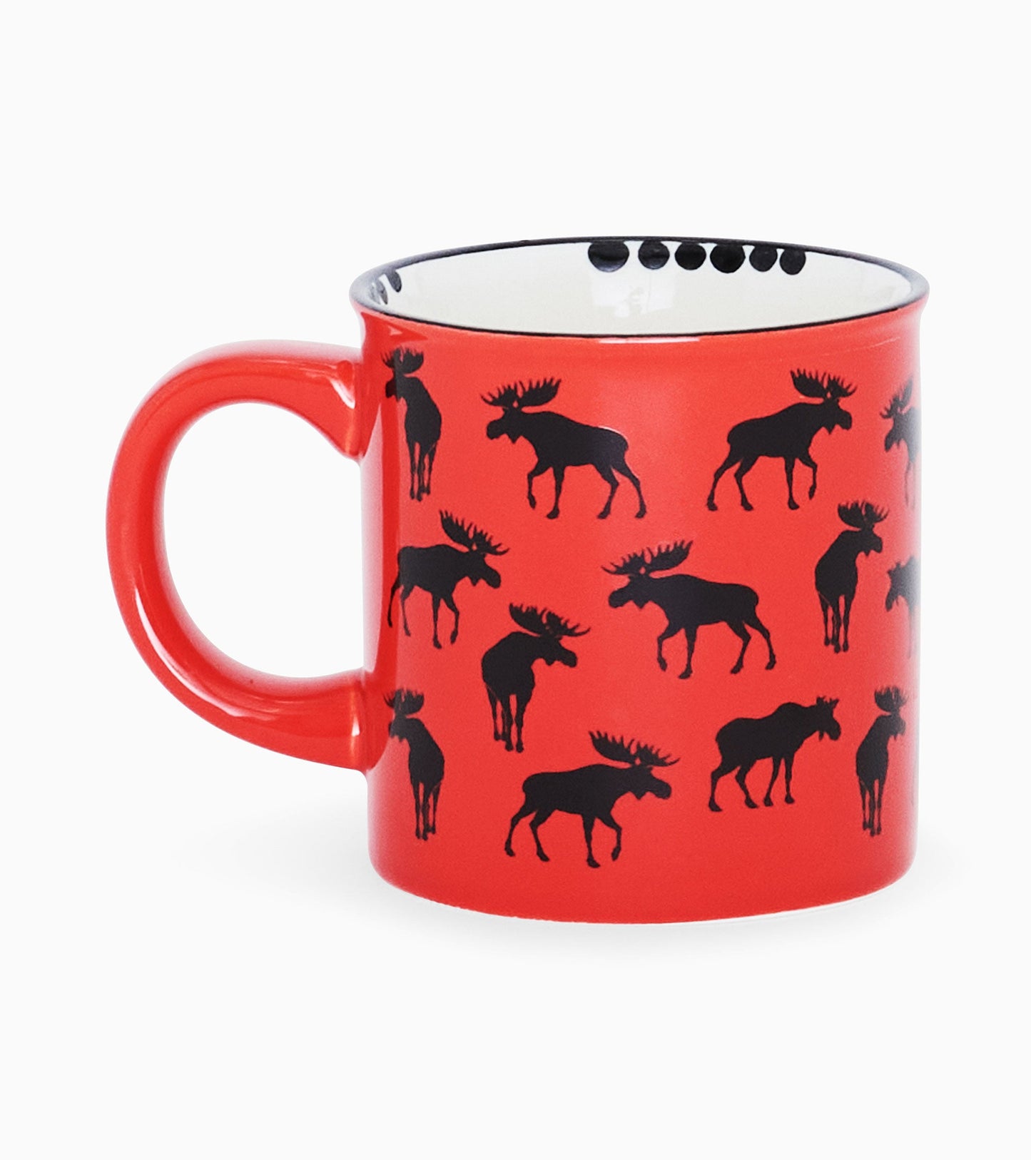 Red ceramic camping mug featuring black moose silhouettes and a contrasting light interior.