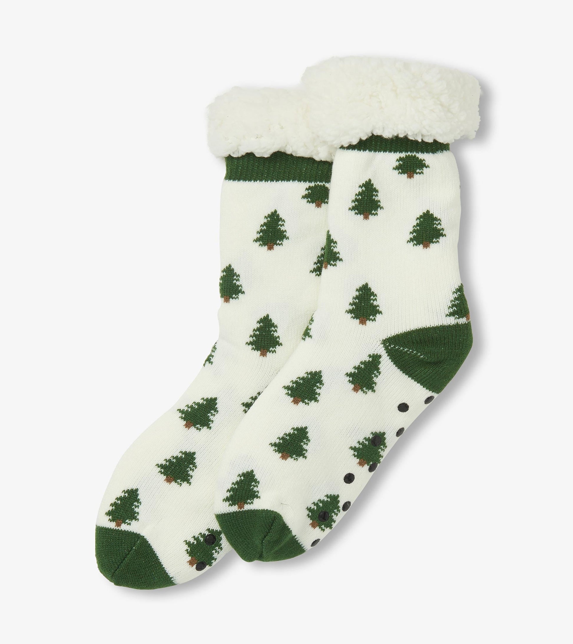 Cream socks with green tree pattern and fluffy white cuff, designed for comfort and warmth. One size fits most.
