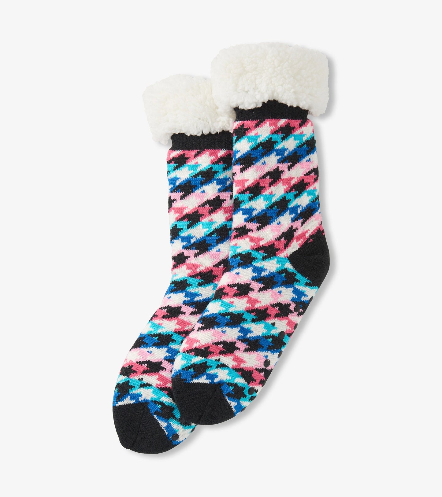 Chaussettes de chalet épaisses doublées en sherpa pour femme – Pied-de-poule arc-en-ciel