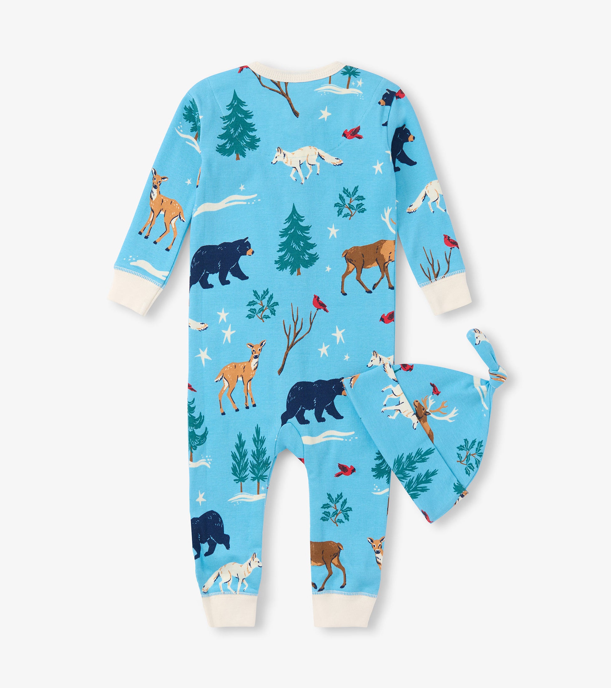 Blue sleeper with winter animal print, featuring bears, deer, and trees, paired with a matching hat.