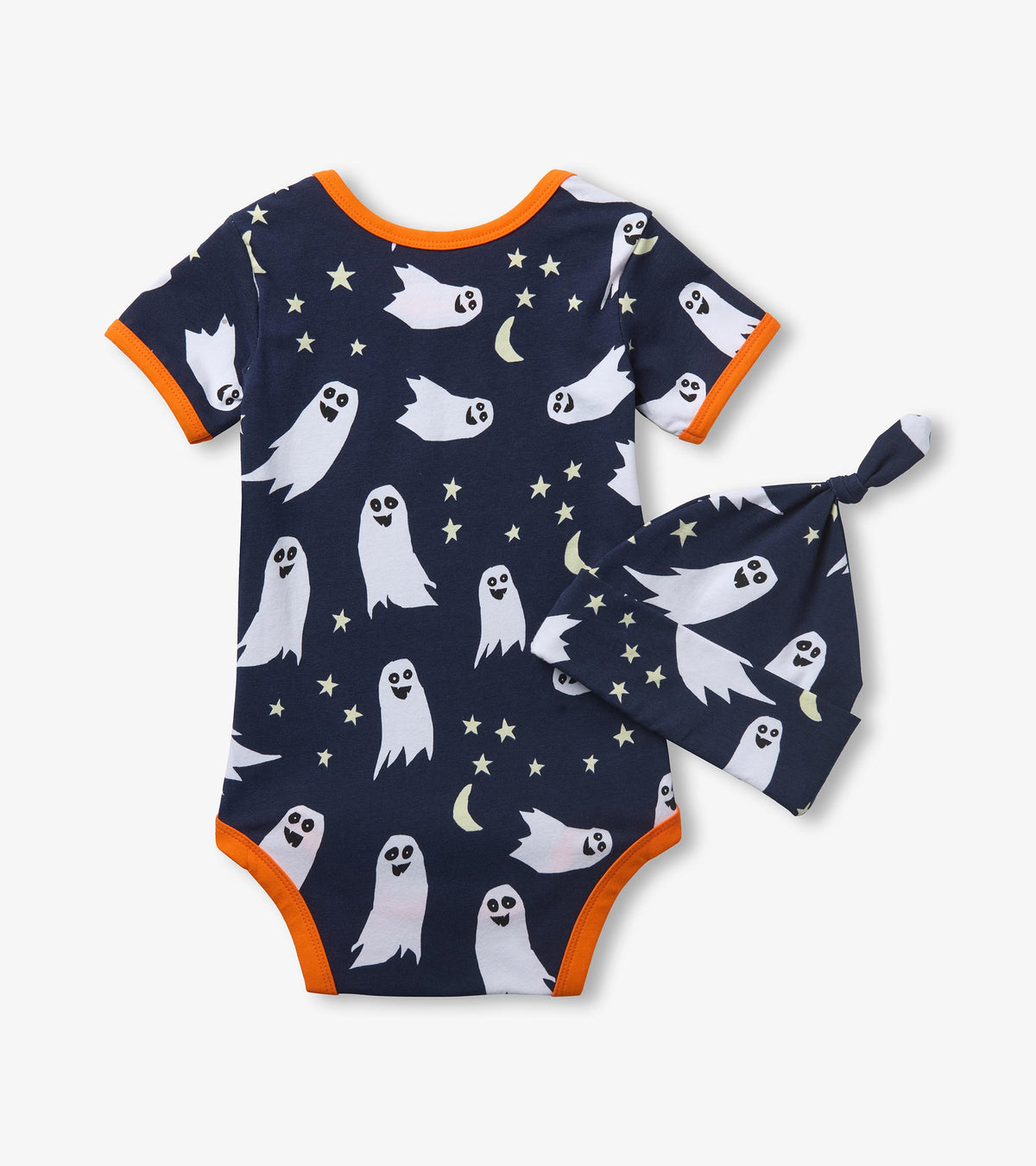Back view of baby bodysuit and matching knot hat with white ghosts, stars, moons, and orange trim