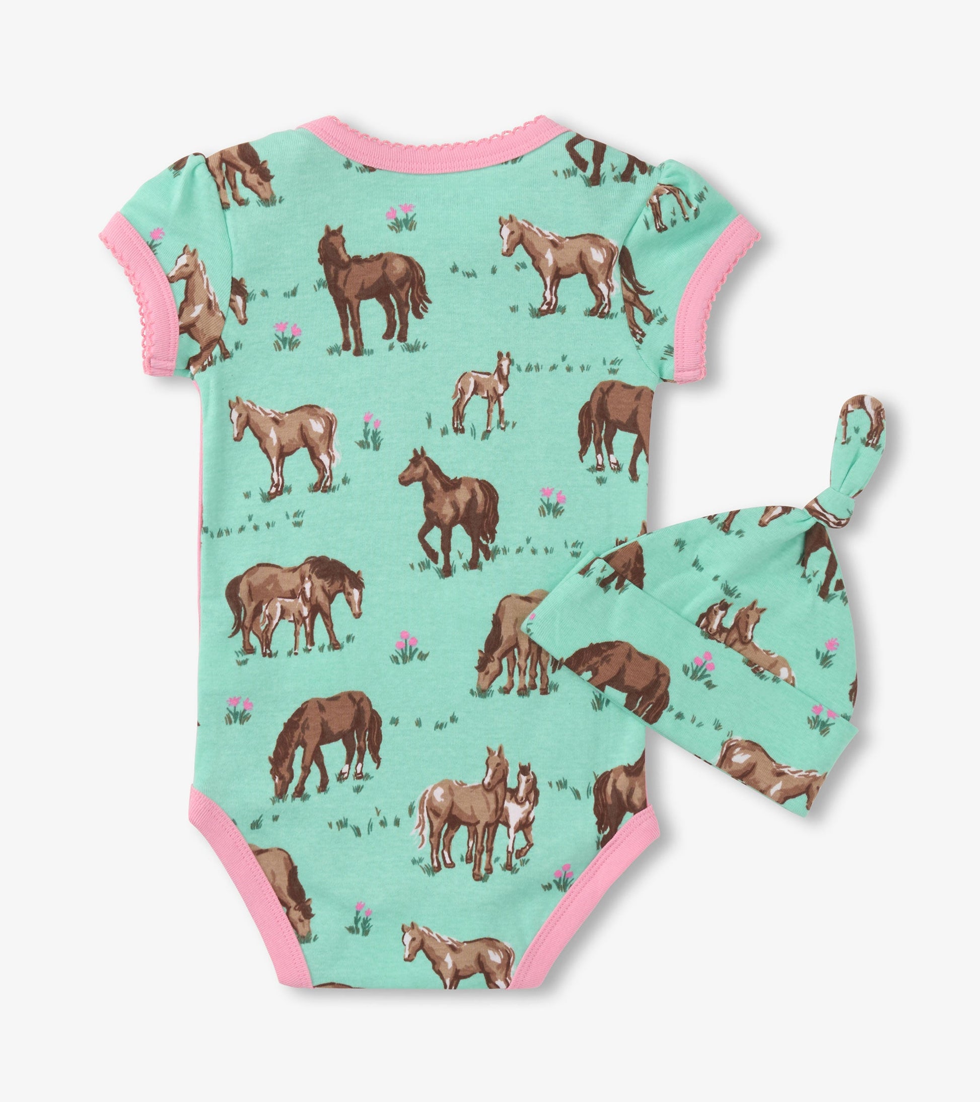 Light green bodysuit with pink trim, featuring a horse print, paired with a matching knot hat. Suitable for baby girls.