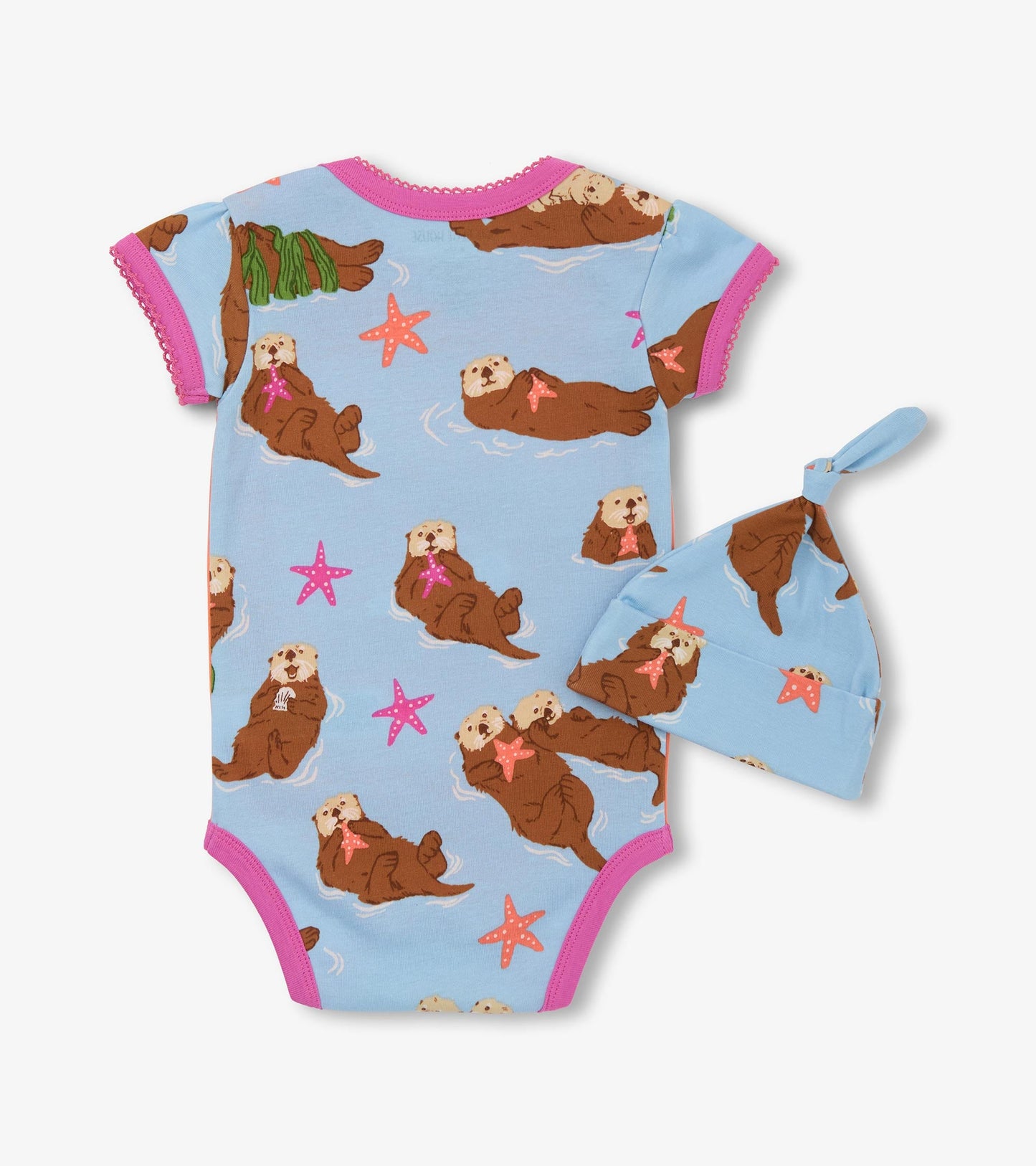 Light blue bodysuit with otter and starfish pattern, paired with a matching hat, featuring pink trim and soft fabric.
