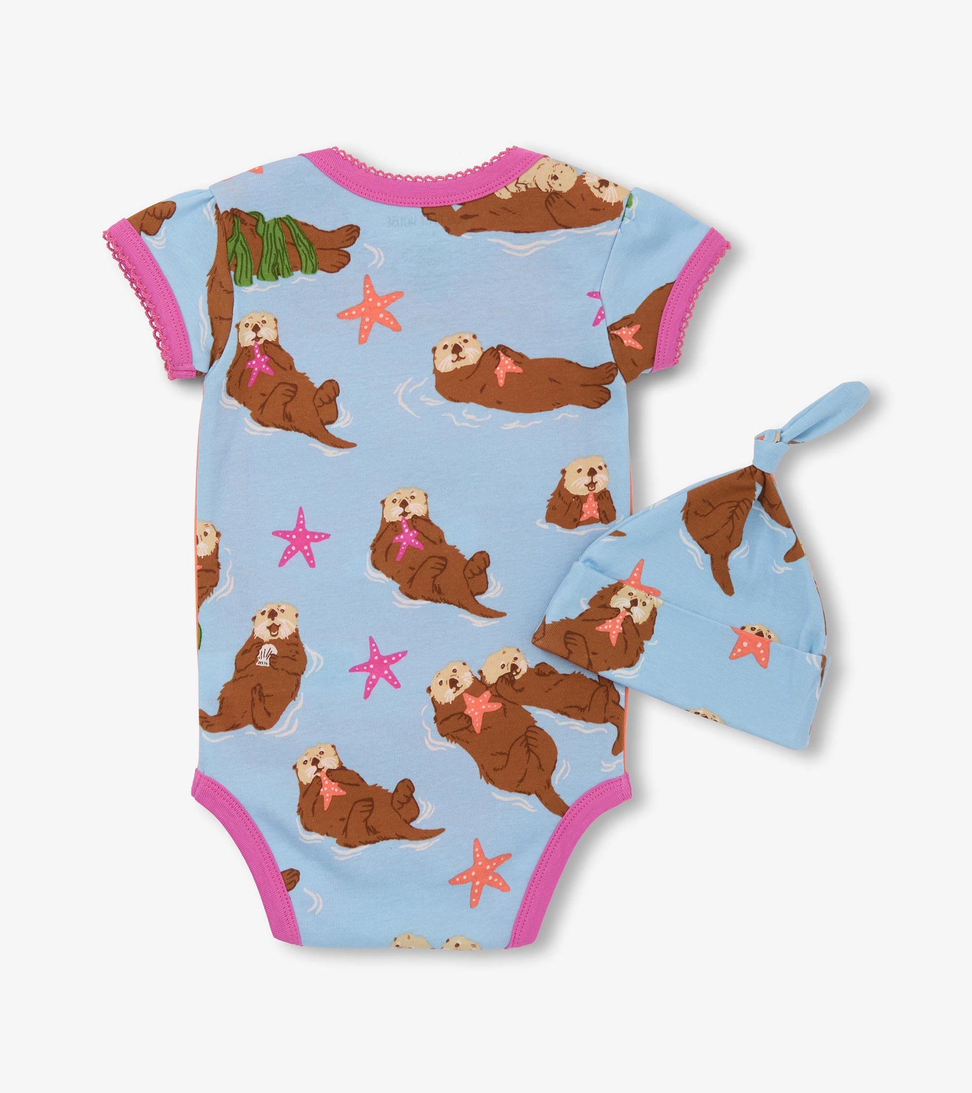 Light blue bodysuit with otter and starfish pattern, paired with a matching hat, featuring pink trim and soft fabric.